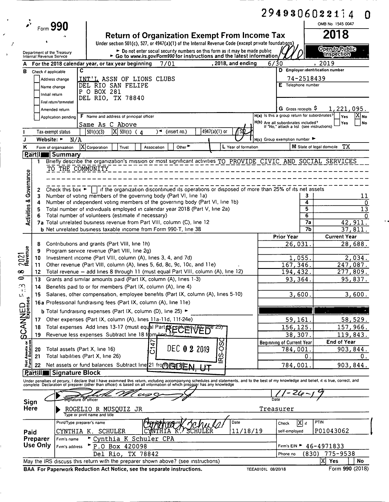 Image of first page of 2018 Form 990O for Lions Clubs - 1225 Del Rio San Felipe