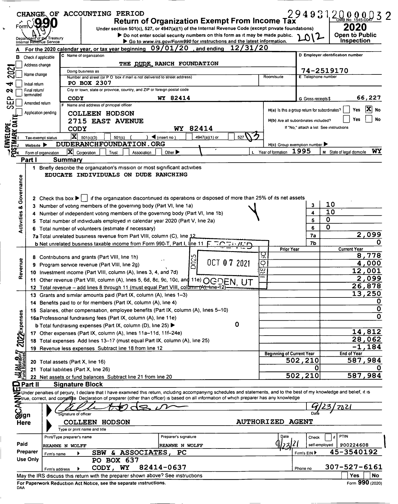 Image of first page of 2020 Form 990 for The Dude Ranchers Foundation