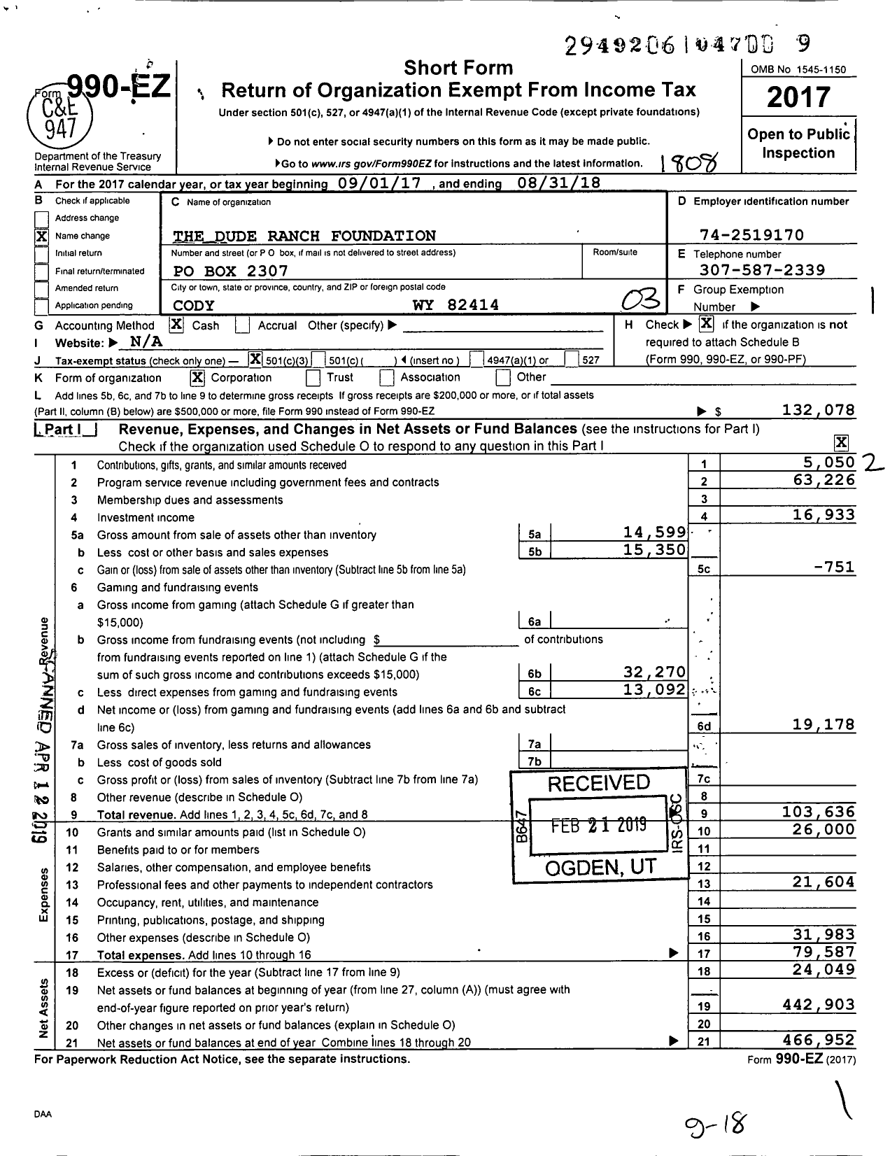 Image of first page of 2017 Form 990EZ for The Dude Ranch Foundation