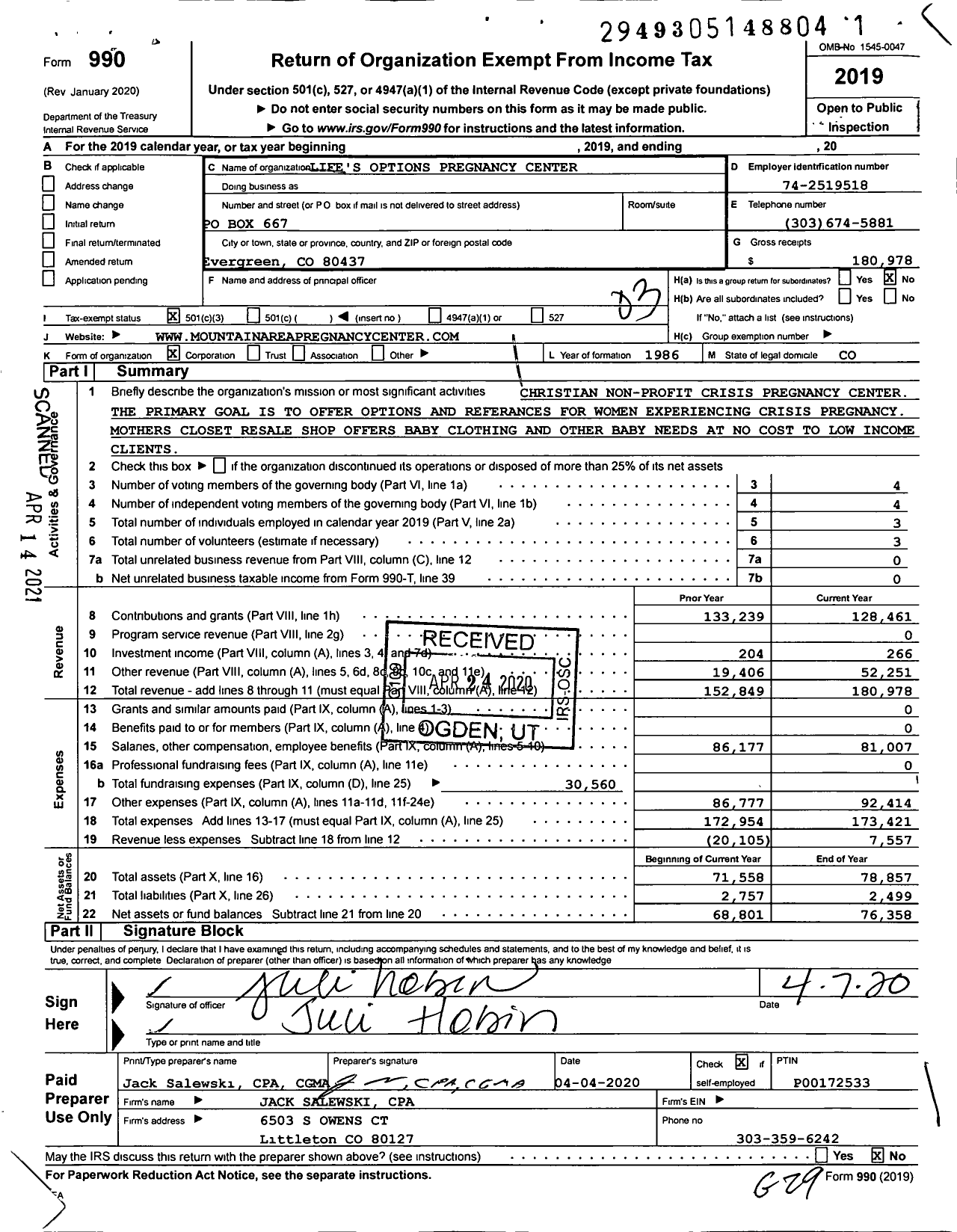 Image of first page of 2019 Form 990 for Lifes Options Pregnancy Center
