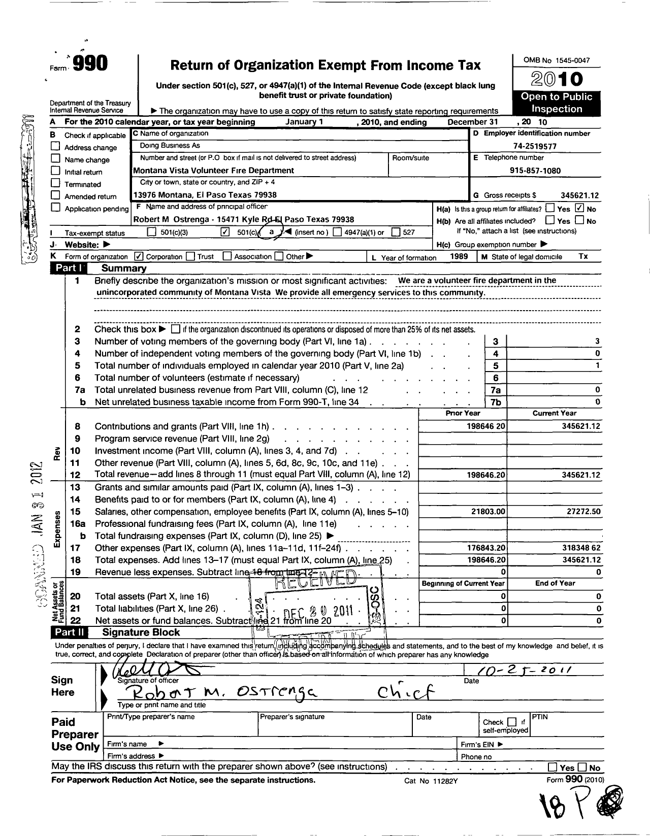 Image of first page of 2010 Form 990O for Montana Vista Fire Rescue