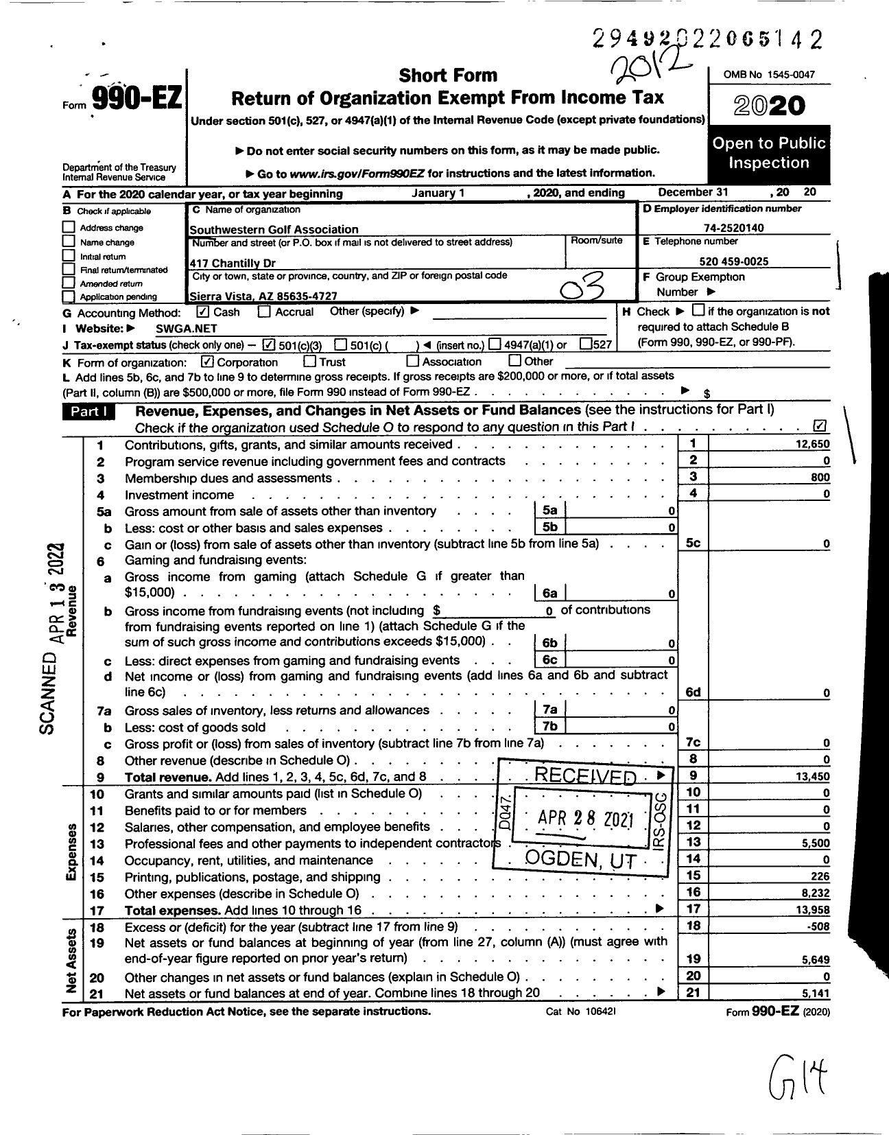 Image of first page of 2020 Form 990EZ for Southwestern Golf Association