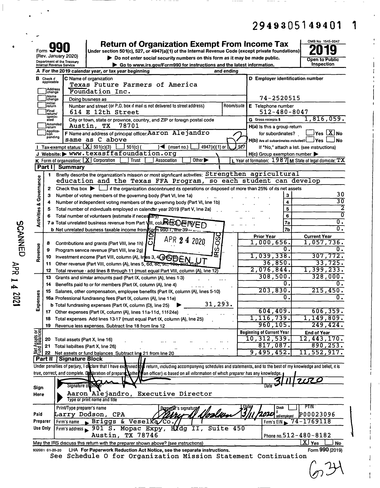 Image of first page of 2019 Form 990 for Texas Future Farmers of America Foundation