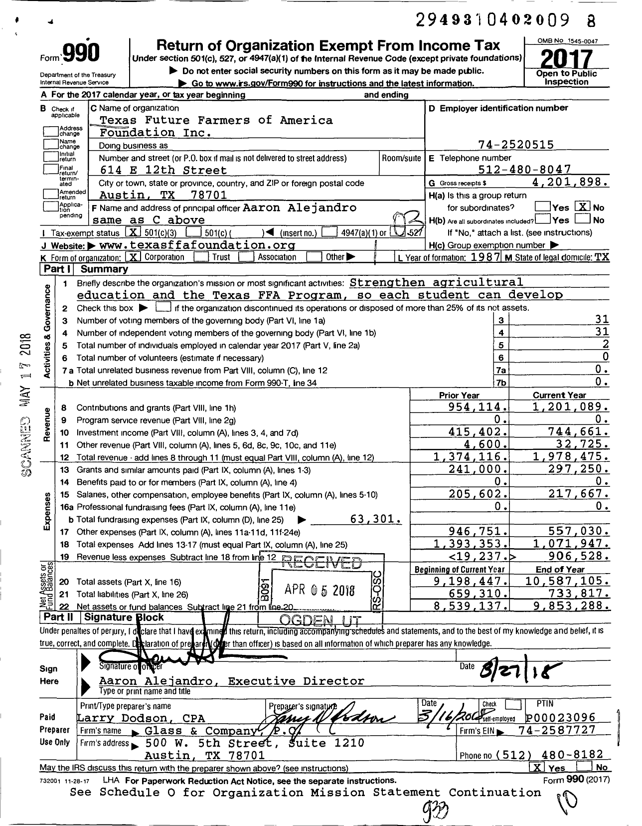 Image of first page of 2017 Form 990 for Texas Future Farmers of America Foundation