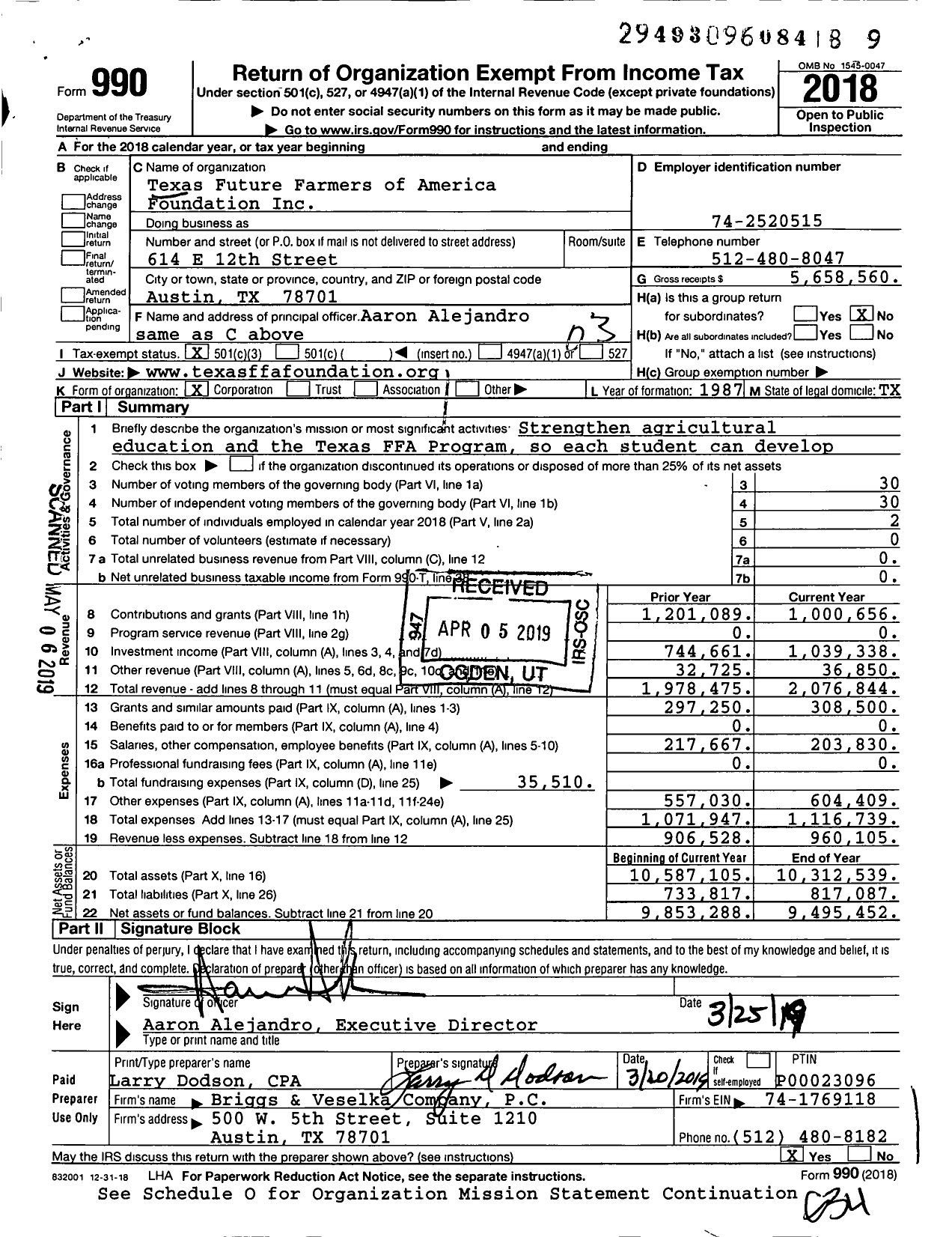 Image of first page of 2018 Form 990 for Texas Future Farmers of America Foundation