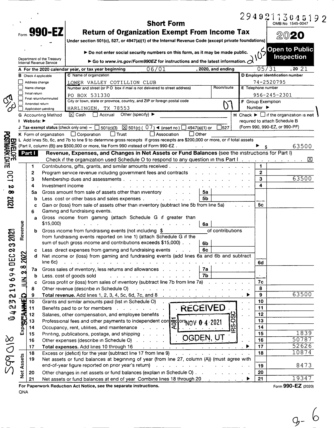 Image of first page of 2020 Form 990EO for Lower Valley Cotillion Club