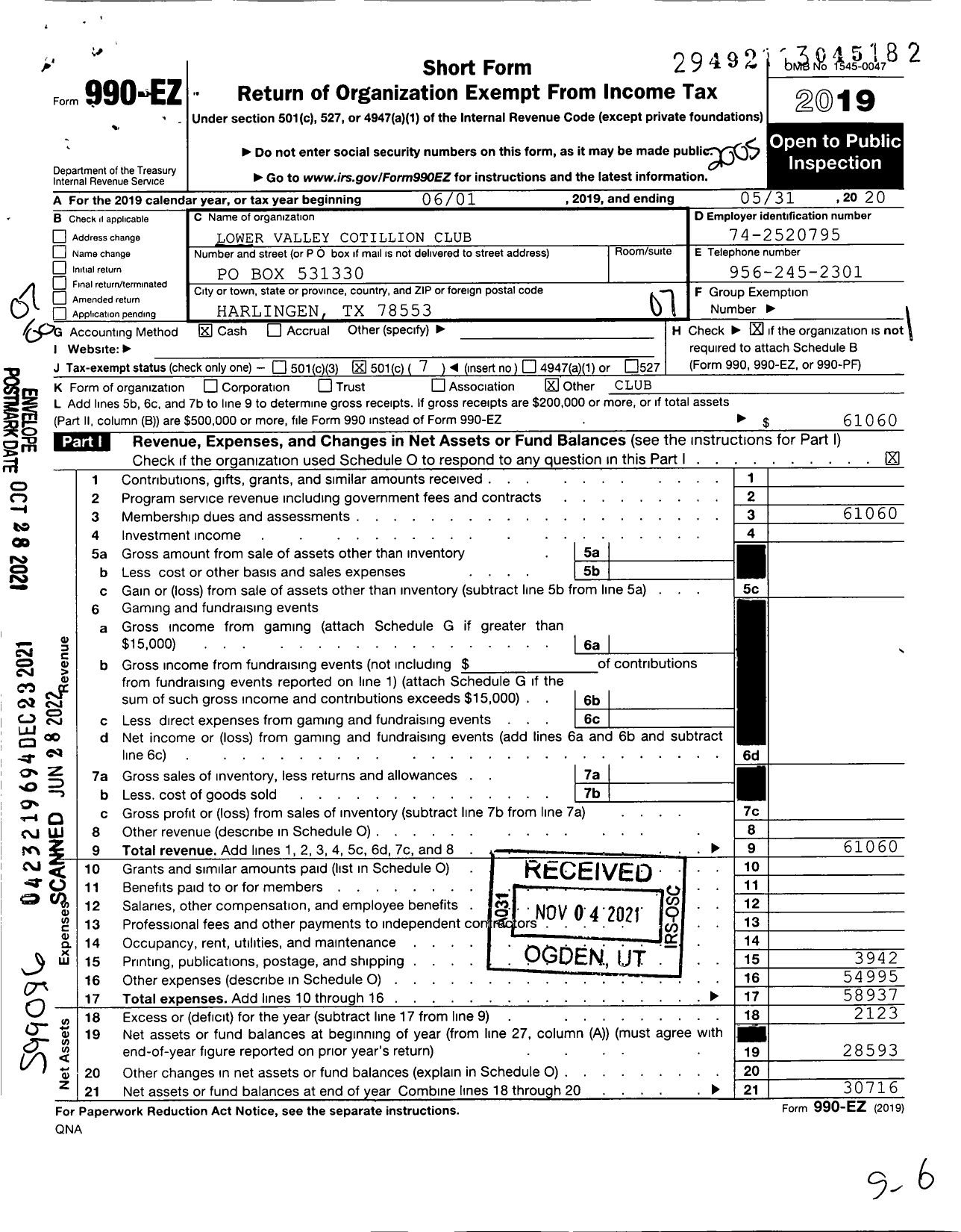 Image of first page of 2019 Form 990EO for Lower Valley Cotillion Club