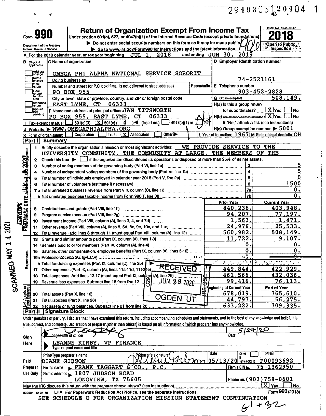 Image of first page of 2018 Form 990O for Omega Phi Alpha National Service Sorority