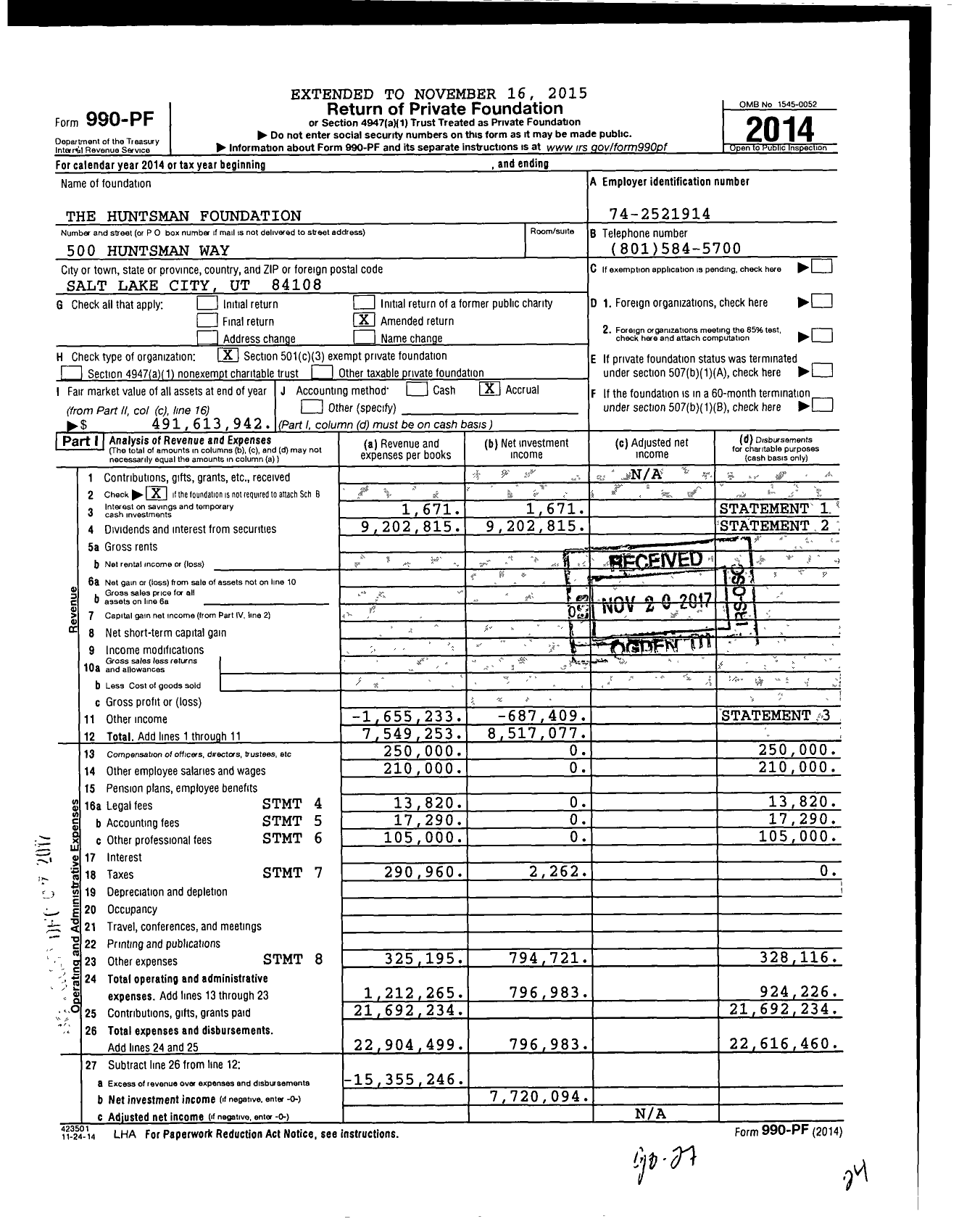 Image of first page of 2014 Form 990PF for Huntsman Foundation