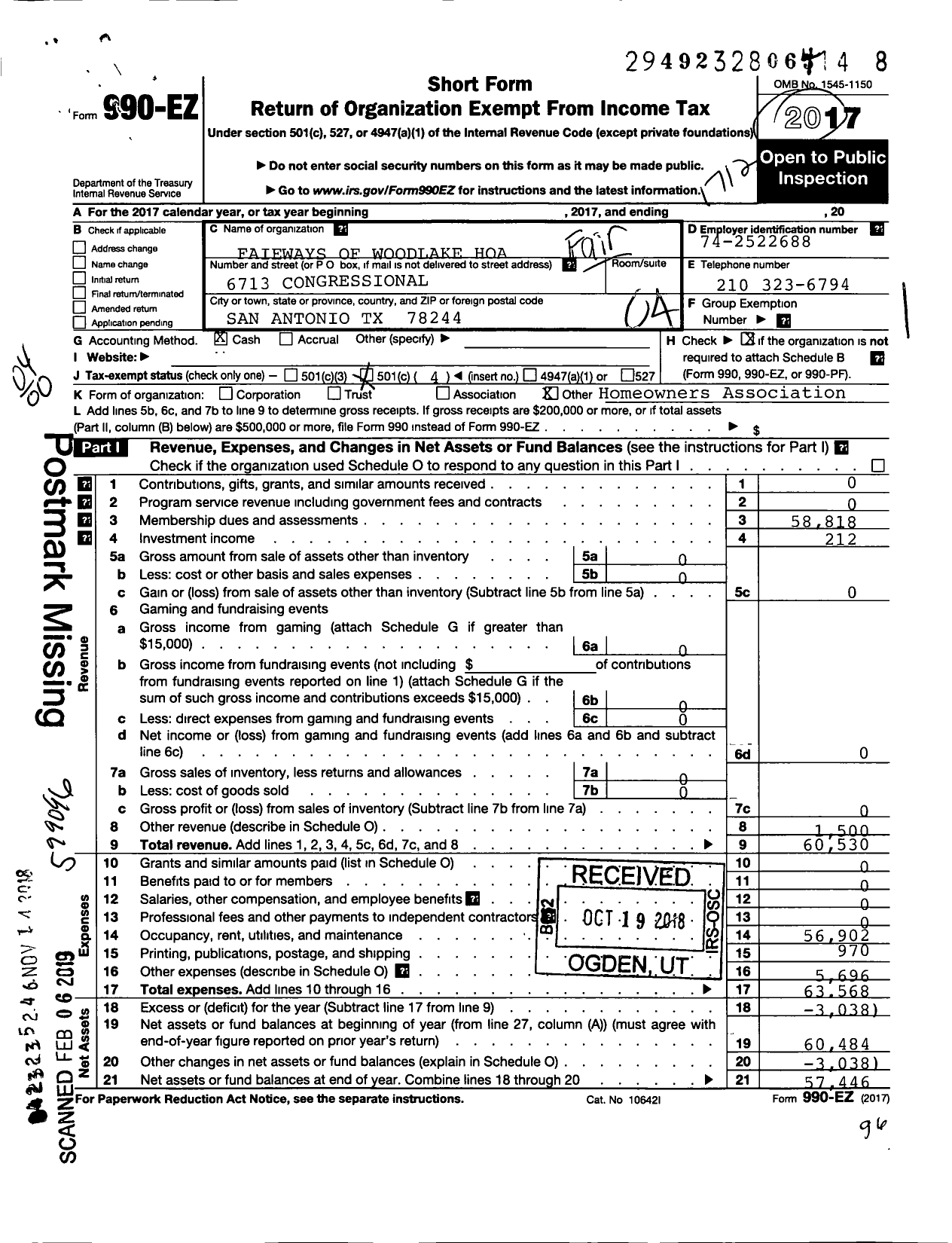 Image of first page of 2017 Form 990EO for Fairways of Woodlake HOA