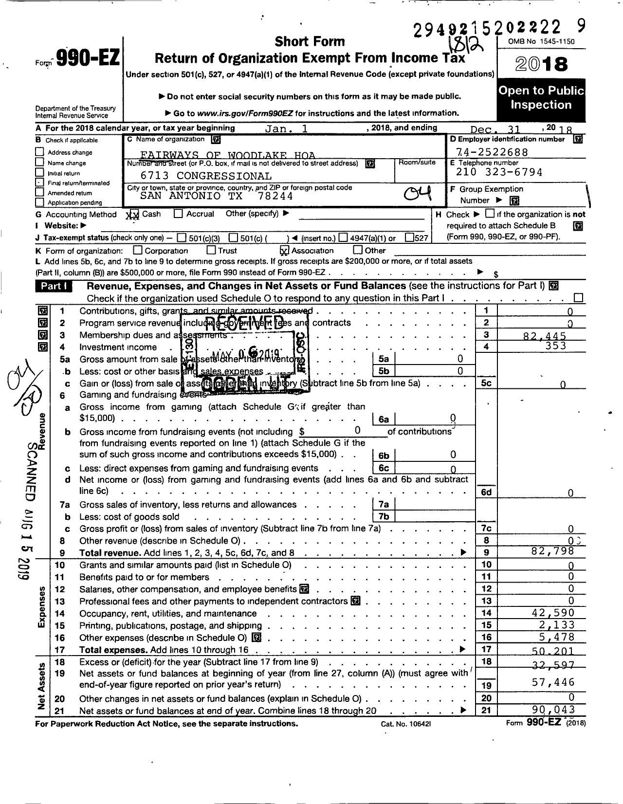 Image of first page of 2018 Form 990EO for Fairways of Woodlake HOA