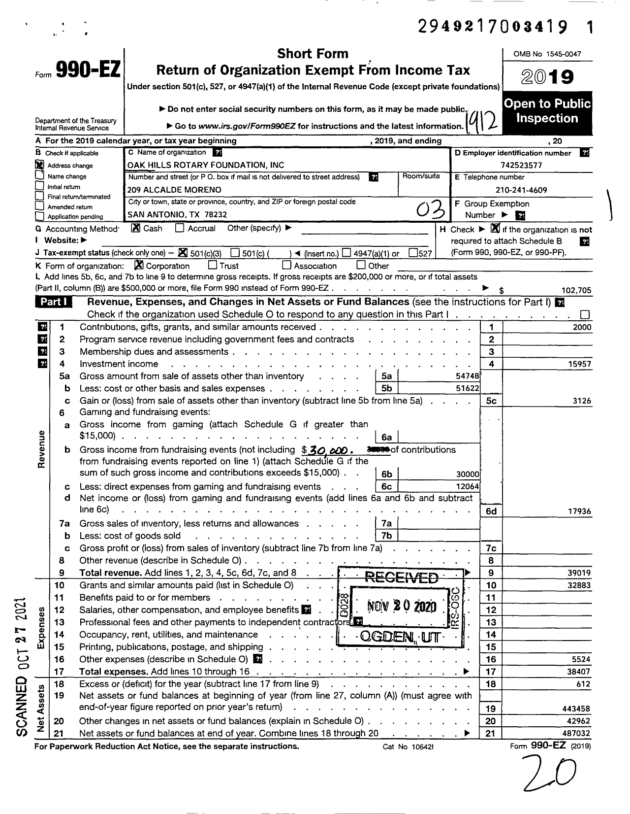 Image of first page of 2019 Form 990EZ for Oak Hills Rotary Foundation