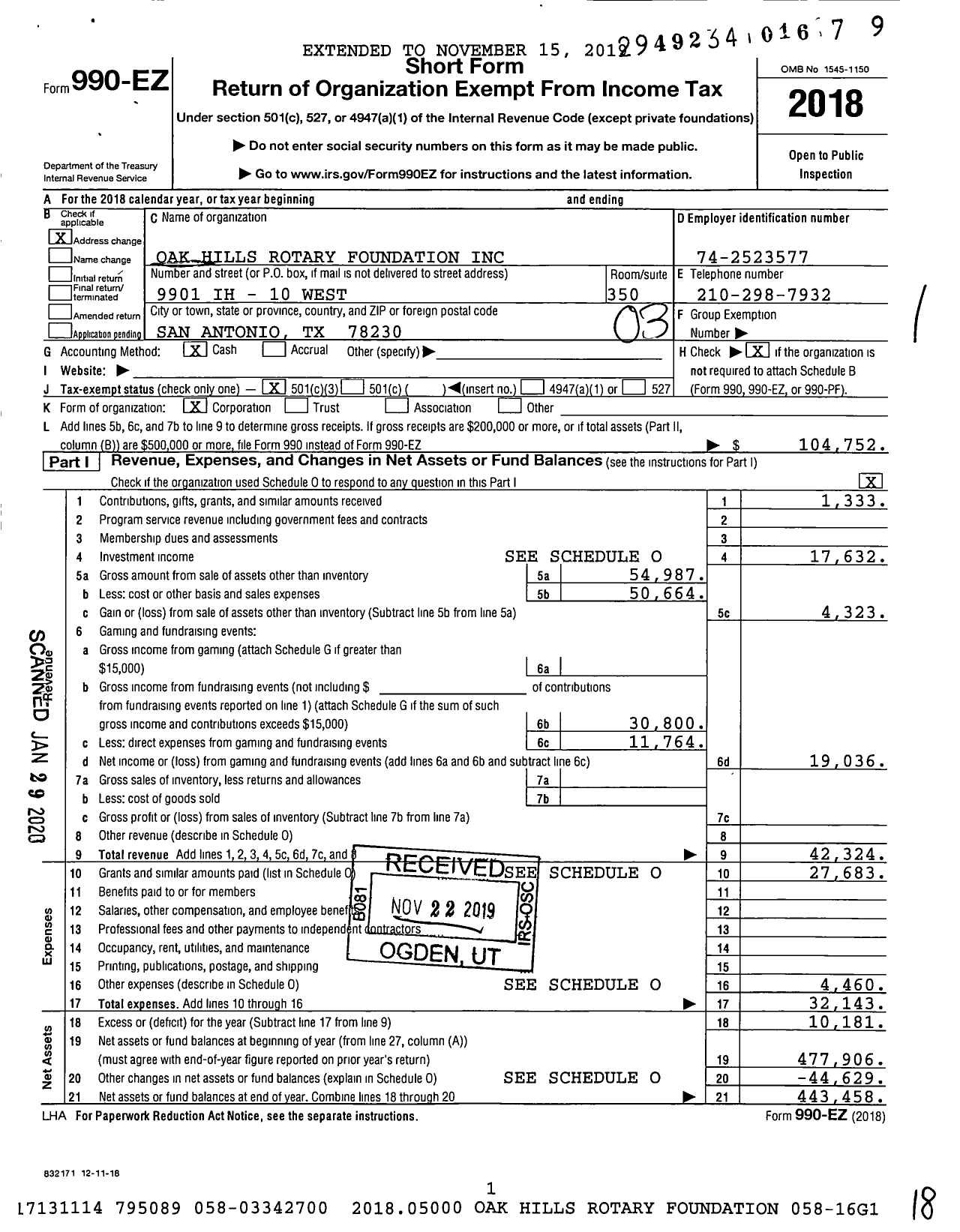 Image of first page of 2018 Form 990EZ for Oak Hills Rotary Foundation