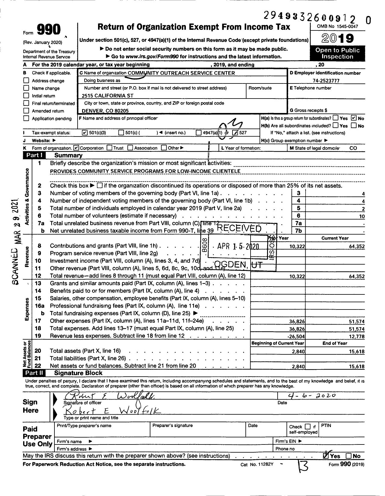 Image of first page of 2019 Form 990 for Community Outreach Service Center