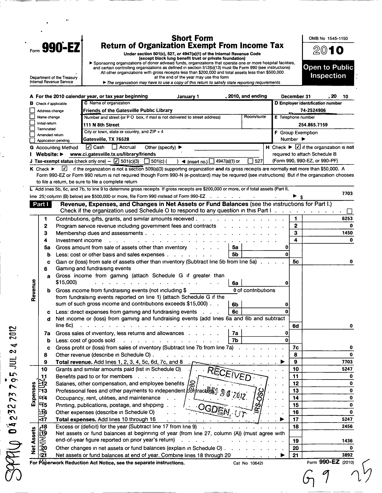 Image of first page of 2010 Form 990EZ for Friends of the Gatesville Public Library