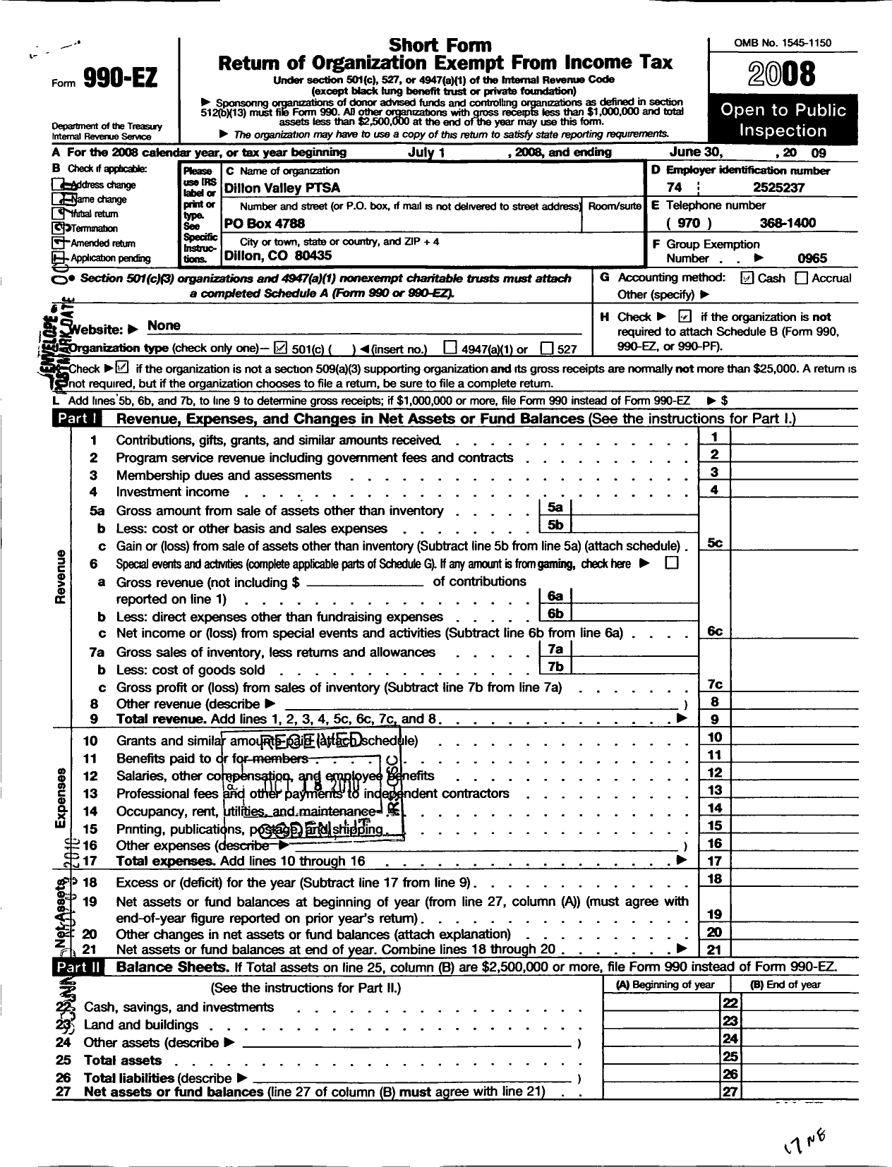 Image of first page of 2008 Form 990EO for PTA Colorado Congress / Dillon Valley Ptsa