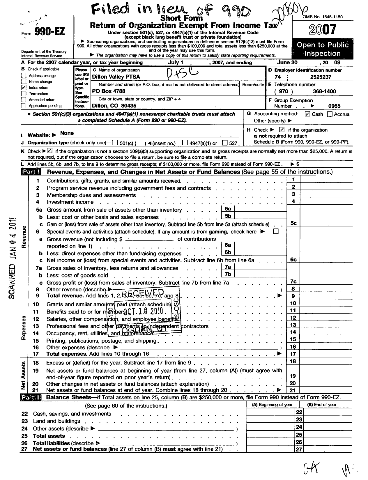 Image of first page of 2007 Form 990EO for PTA Colorado Congress / Dillon Valley Ptsa