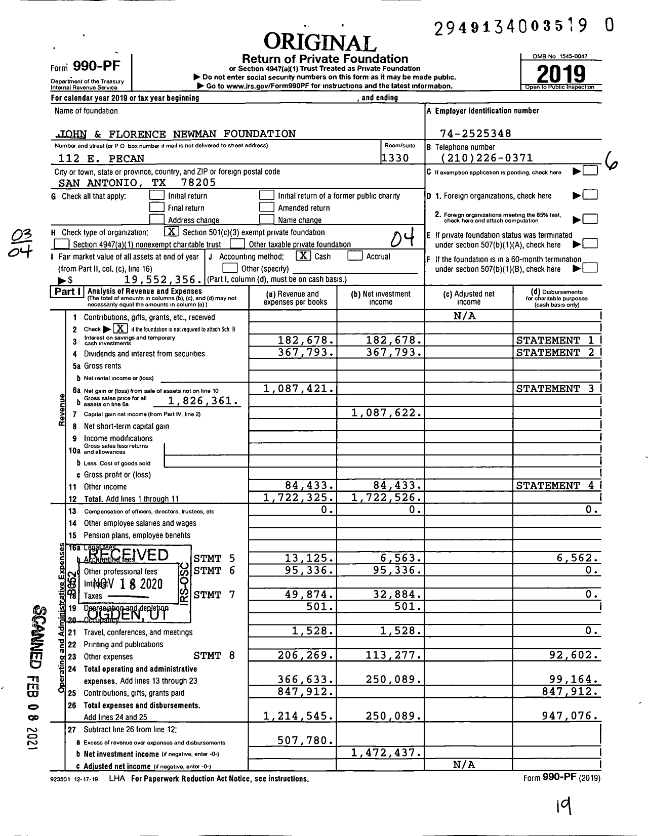 Image of first page of 2019 Form 990PF for John and Florence Newman Foundation