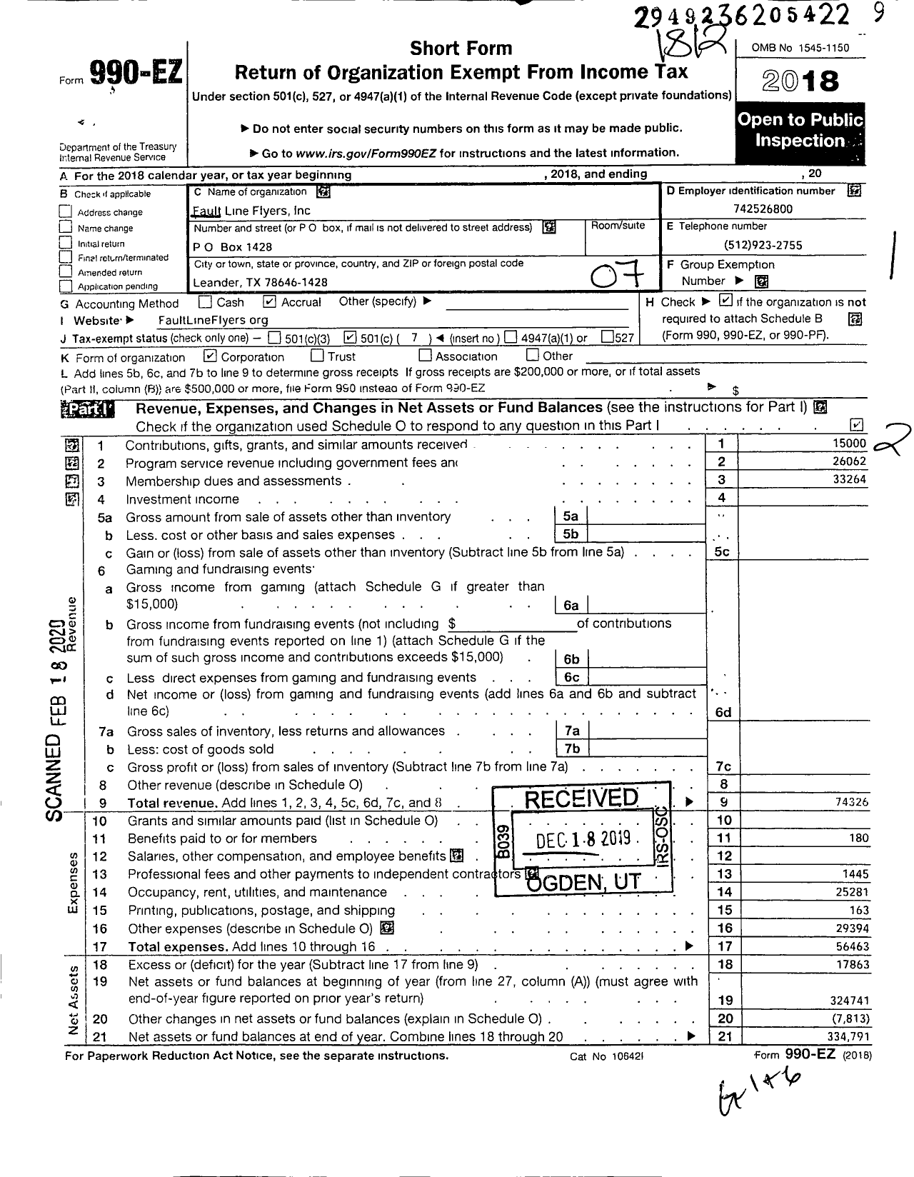 Image of first page of 2018 Form 990EO for Faultline Line Flyers