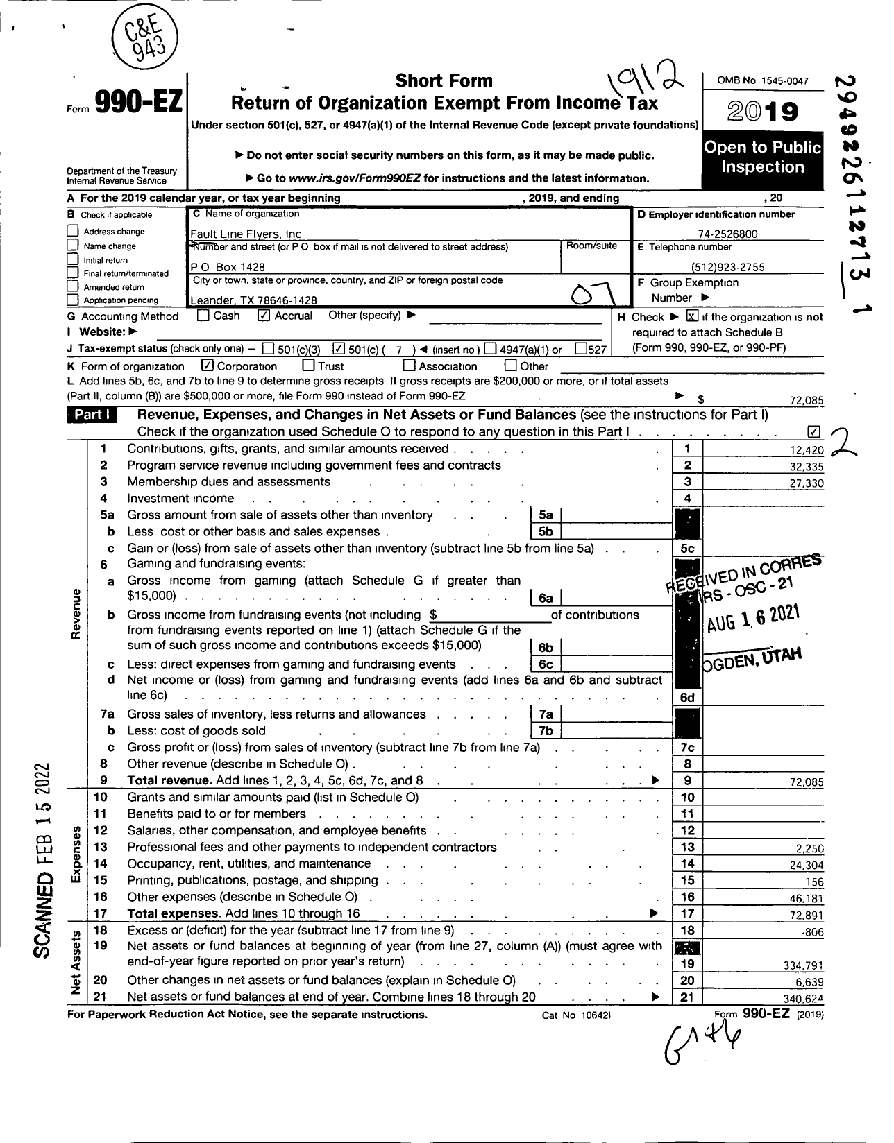 Image of first page of 2019 Form 990EO for Faultline Line Flyers