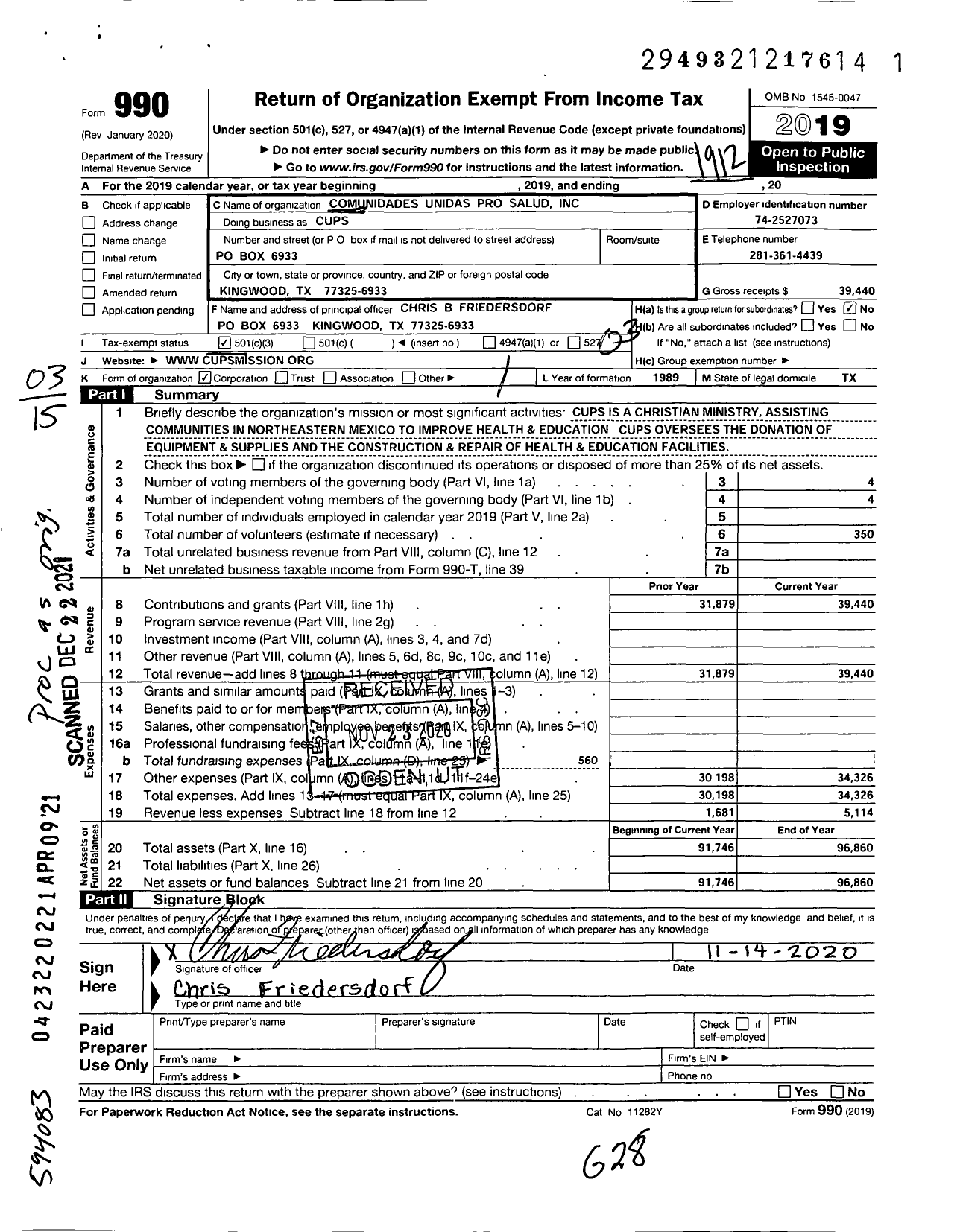 Image of first page of 2019 Form 990 for Comunidades Unidas Pro Salud (CUPS)