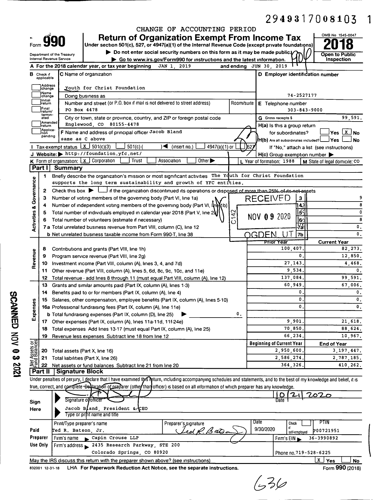 Image of first page of 2018 Form 990 for Youth for Christ Foundation