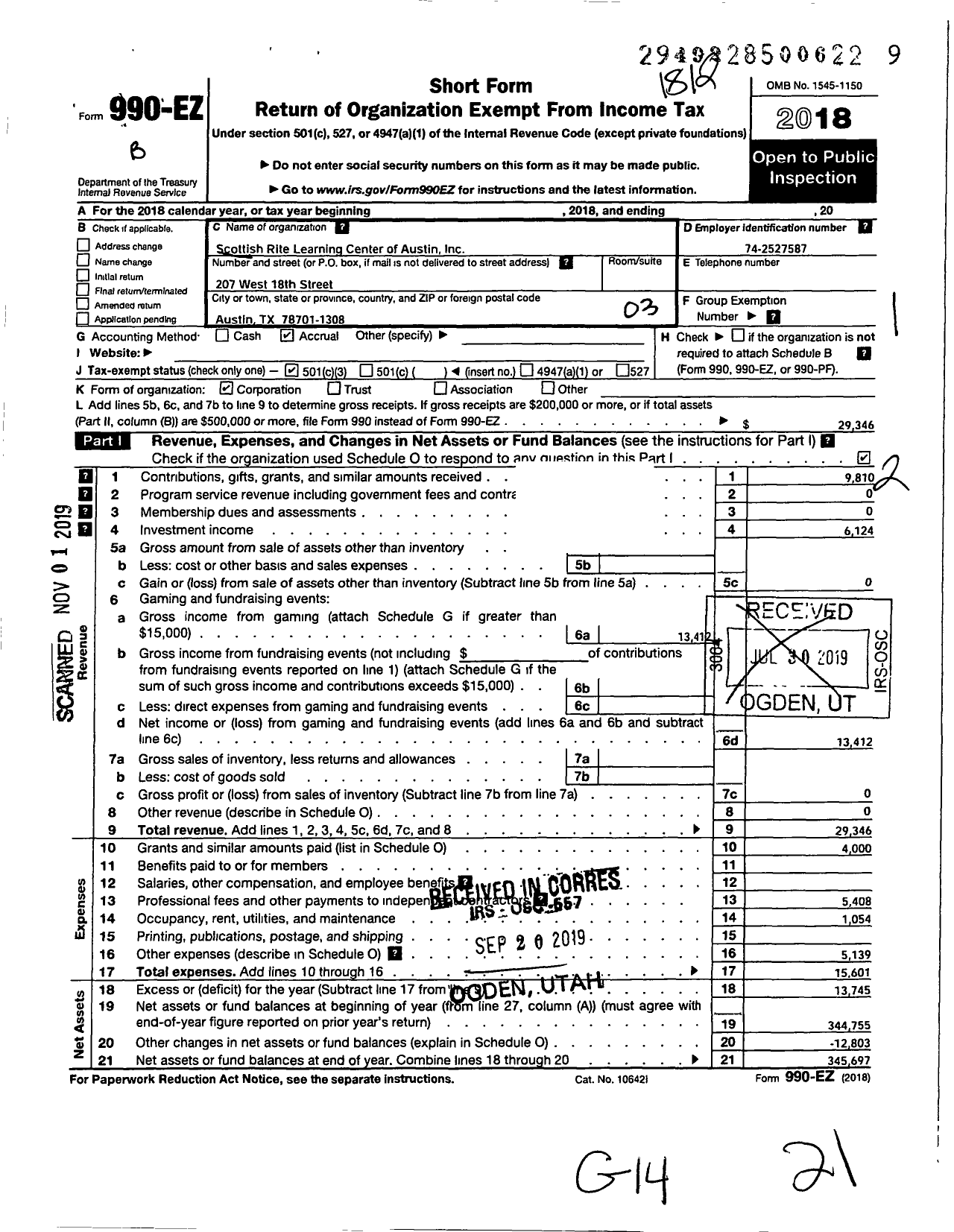 Image of first page of 2018 Form 990EZ for The Scottish Rite Learning Center of Austin