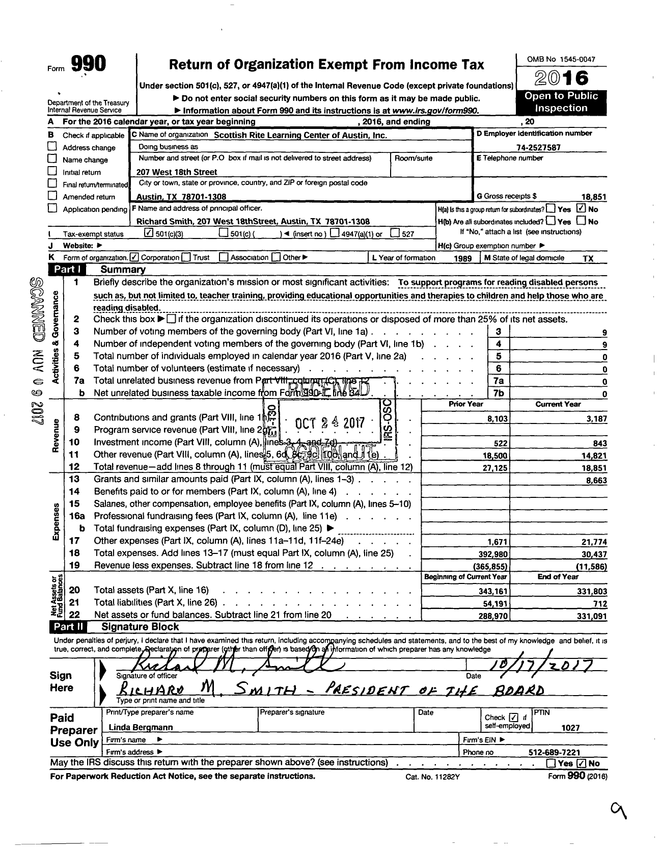 Image of first page of 2016 Form 990 for The Scottish Rite Learning Center of Austin