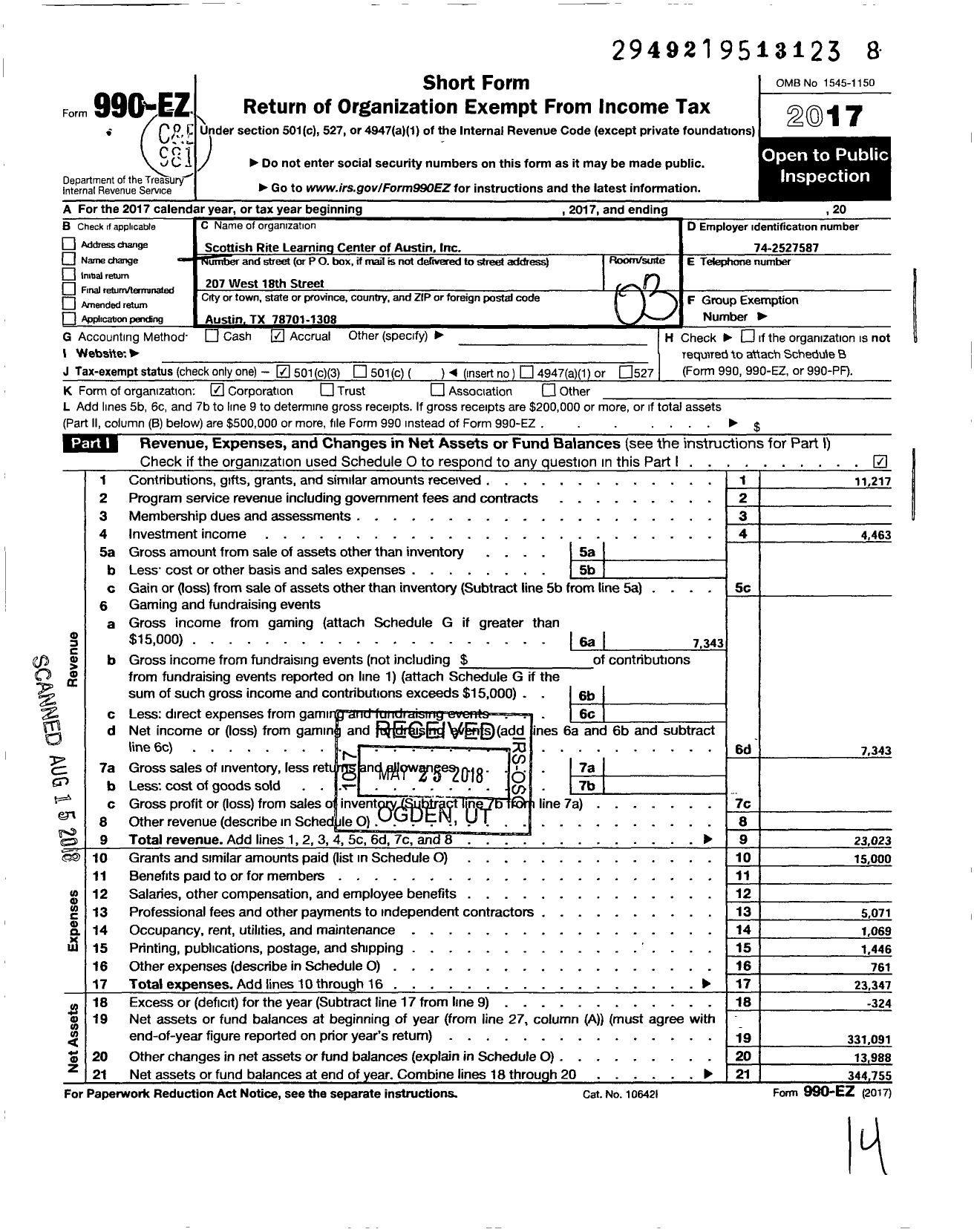 Image of first page of 2017 Form 990EZ for The Scottish Rite Learning Center of Austin