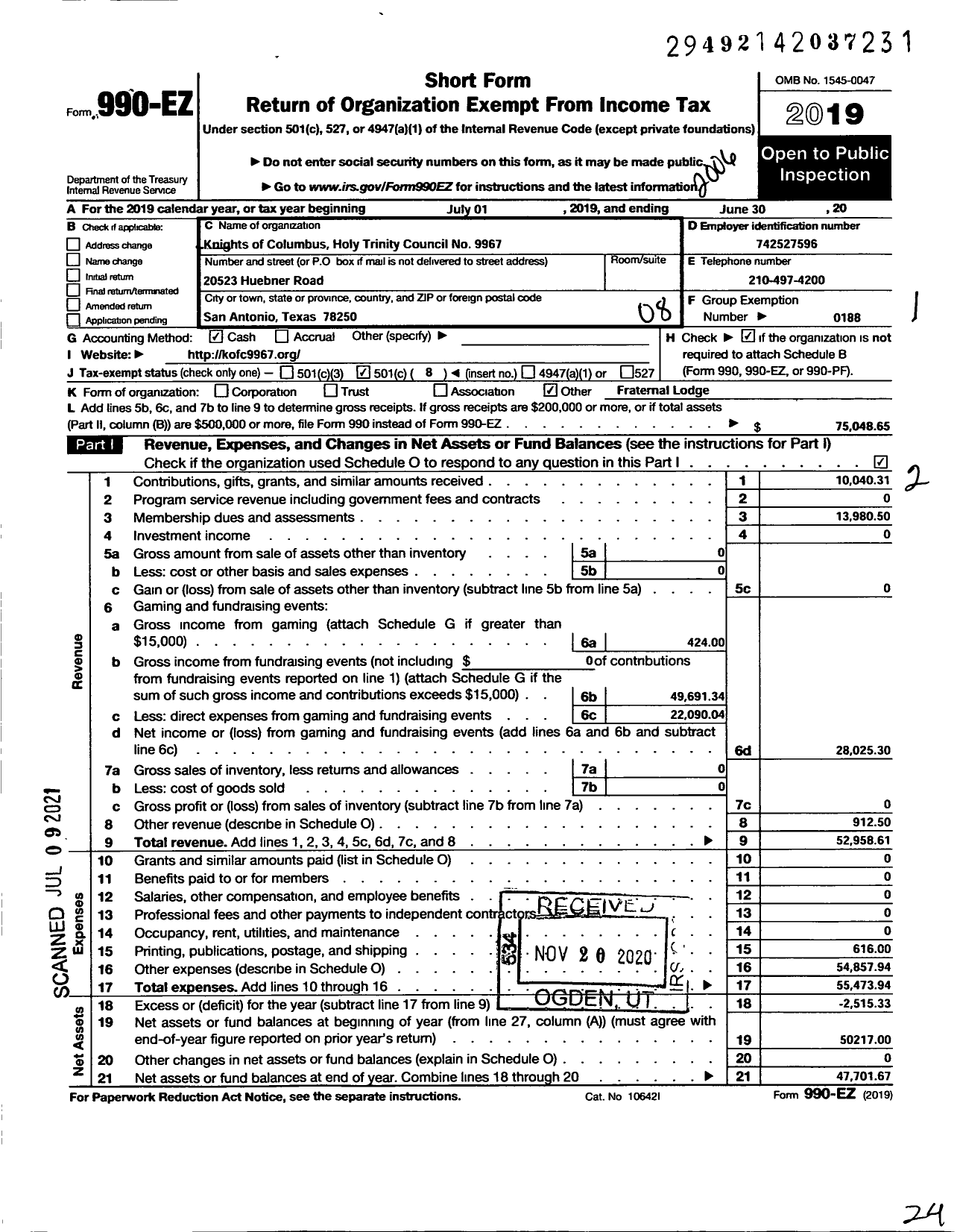 Image of first page of 2019 Form 990EO for Knights of Columbus - 9967 Holy Trinity Council