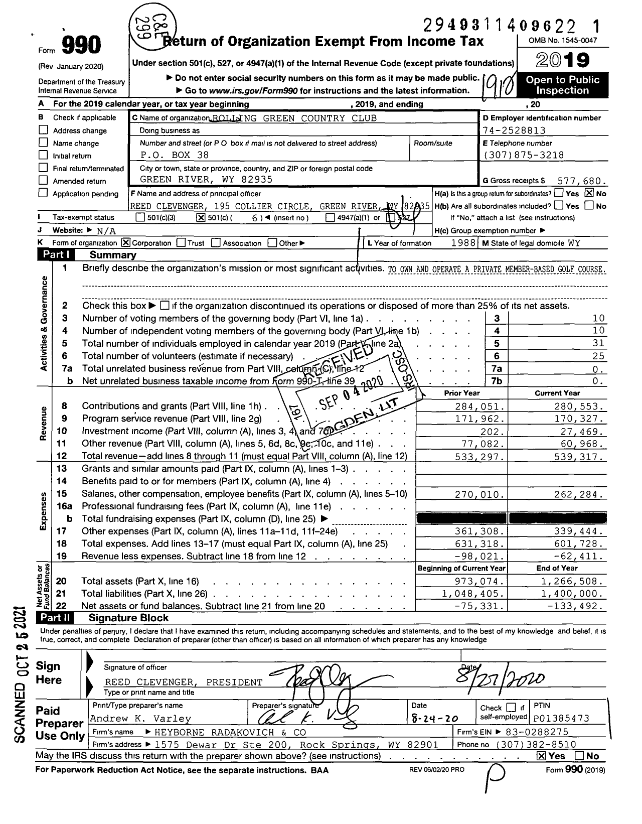 Image of first page of 2019 Form 990O for Rolling Green Country Club