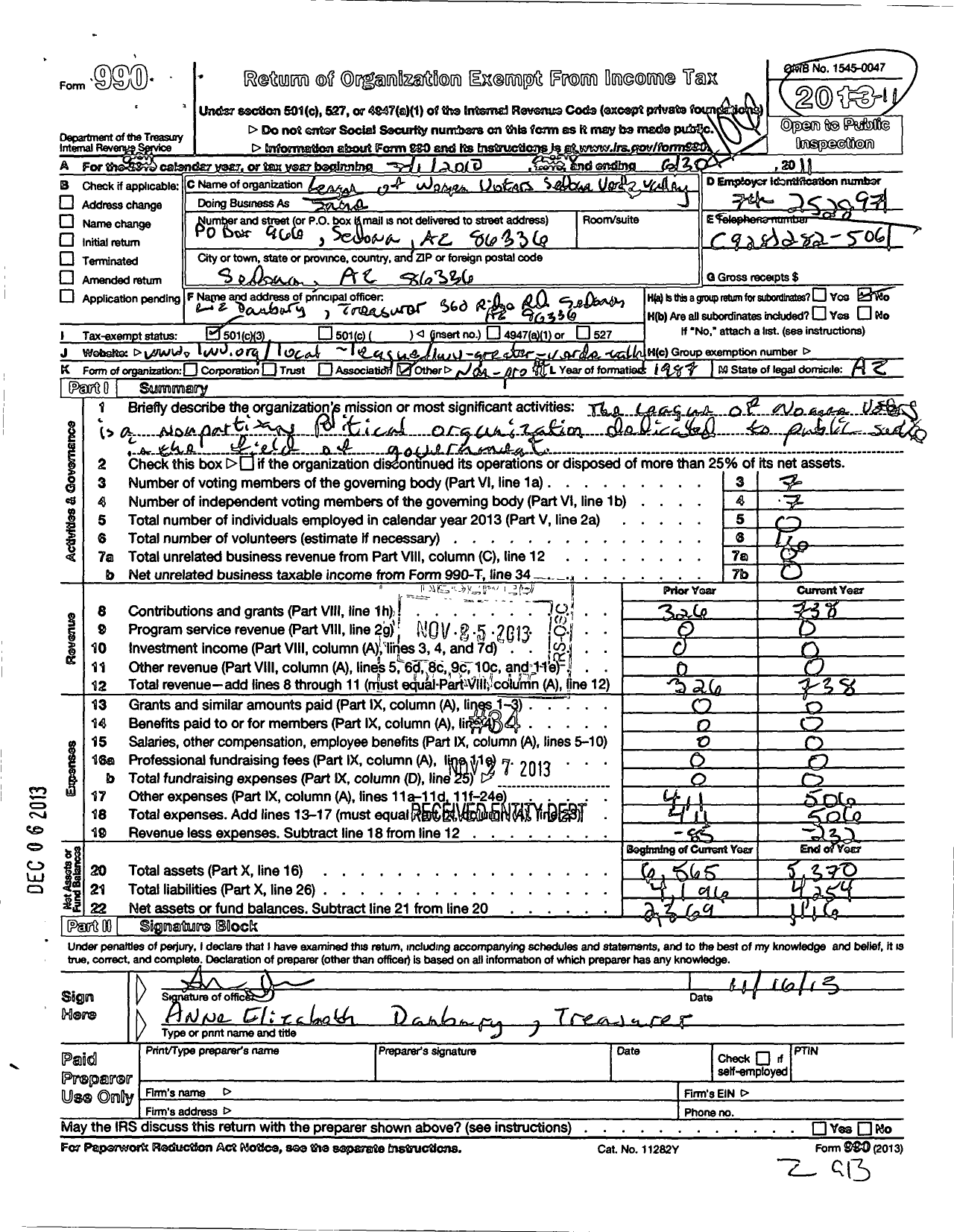 Image of first page of 2010 Form 990 for League of Women Voters of Arizona / League of Women Voters Northern Az