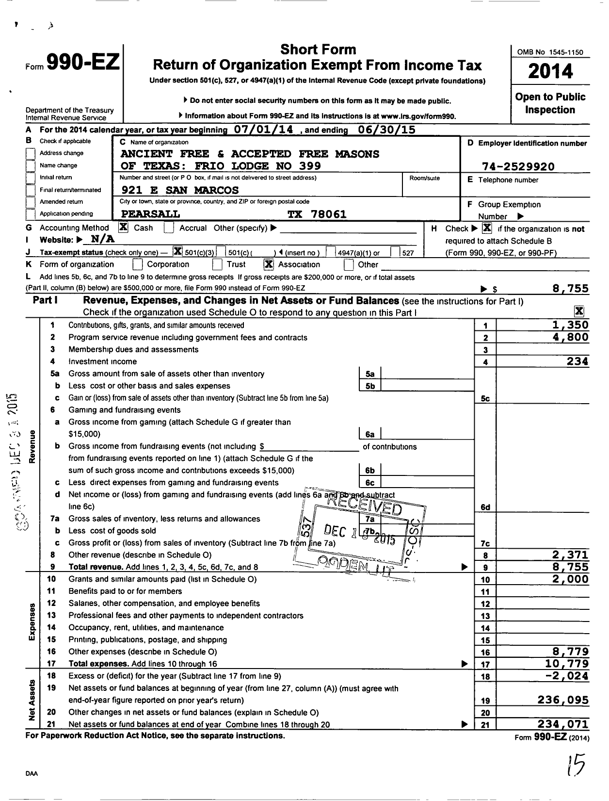 Image of first page of 2014 Form 990EZ for Freemasons in Texas - 399 Frio