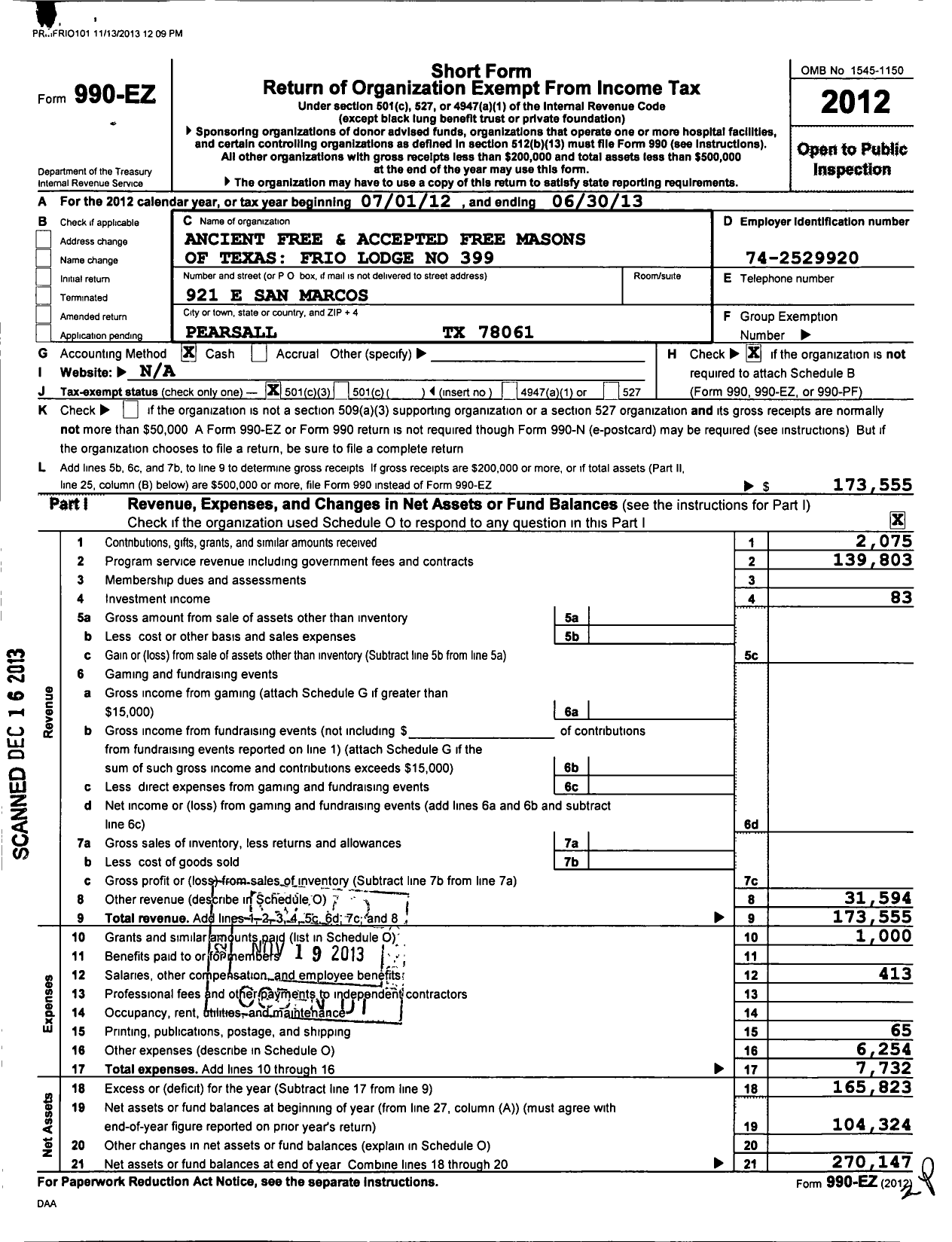 Image of first page of 2012 Form 990EZ for Freemasons in Texas - 399 Frio