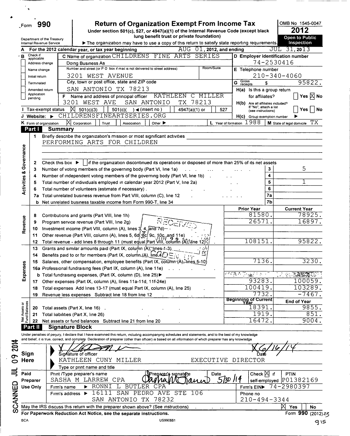 Image of first page of 2012 Form 990 for Childrens Fine Arts Series