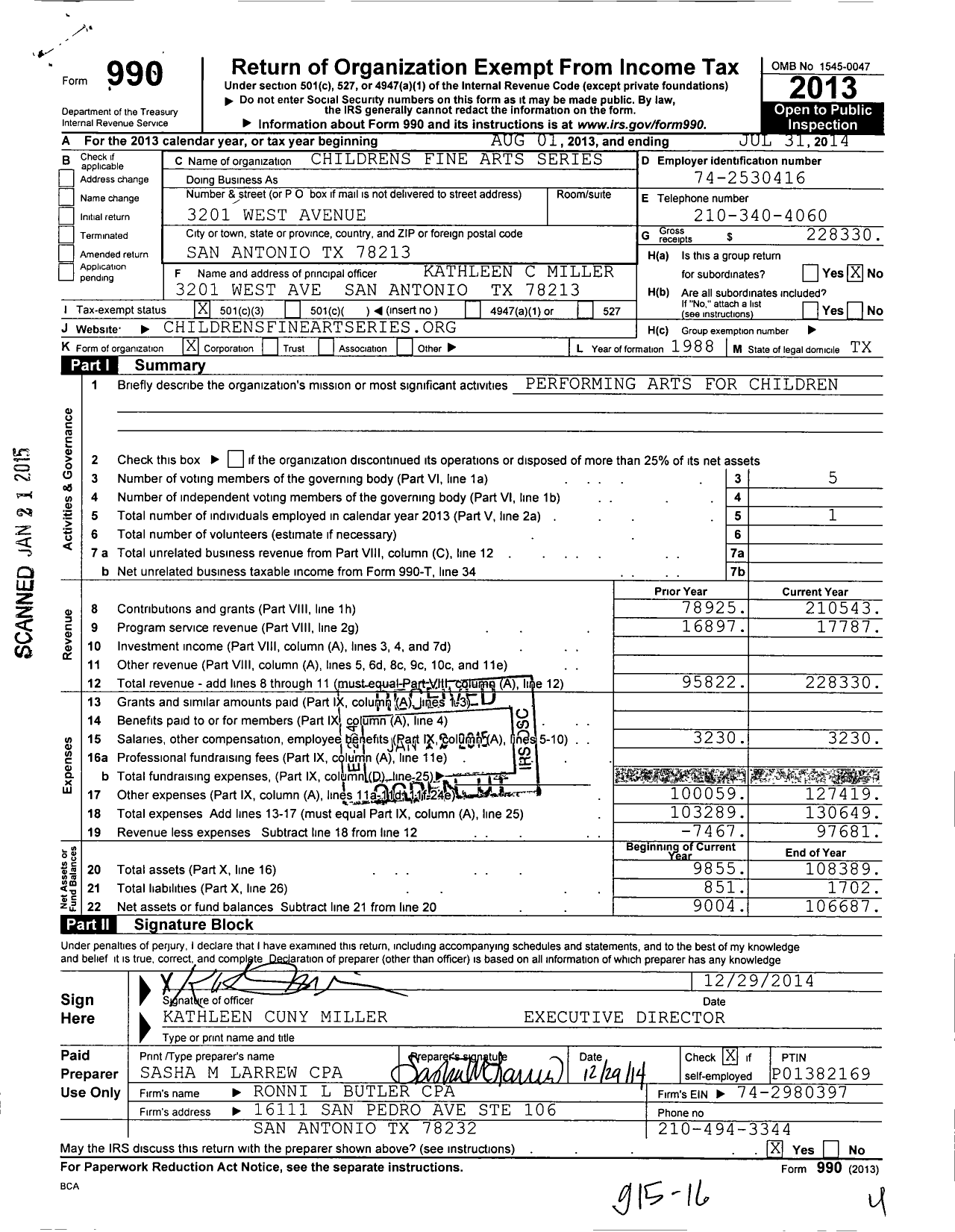 Image of first page of 2013 Form 990 for Childrens Fine Arts Series