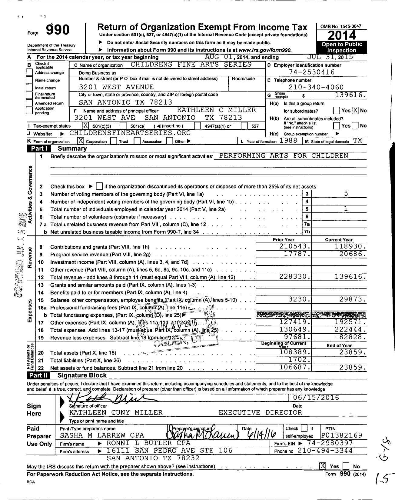 Image of first page of 2014 Form 990 for Childrens Fine Arts Series