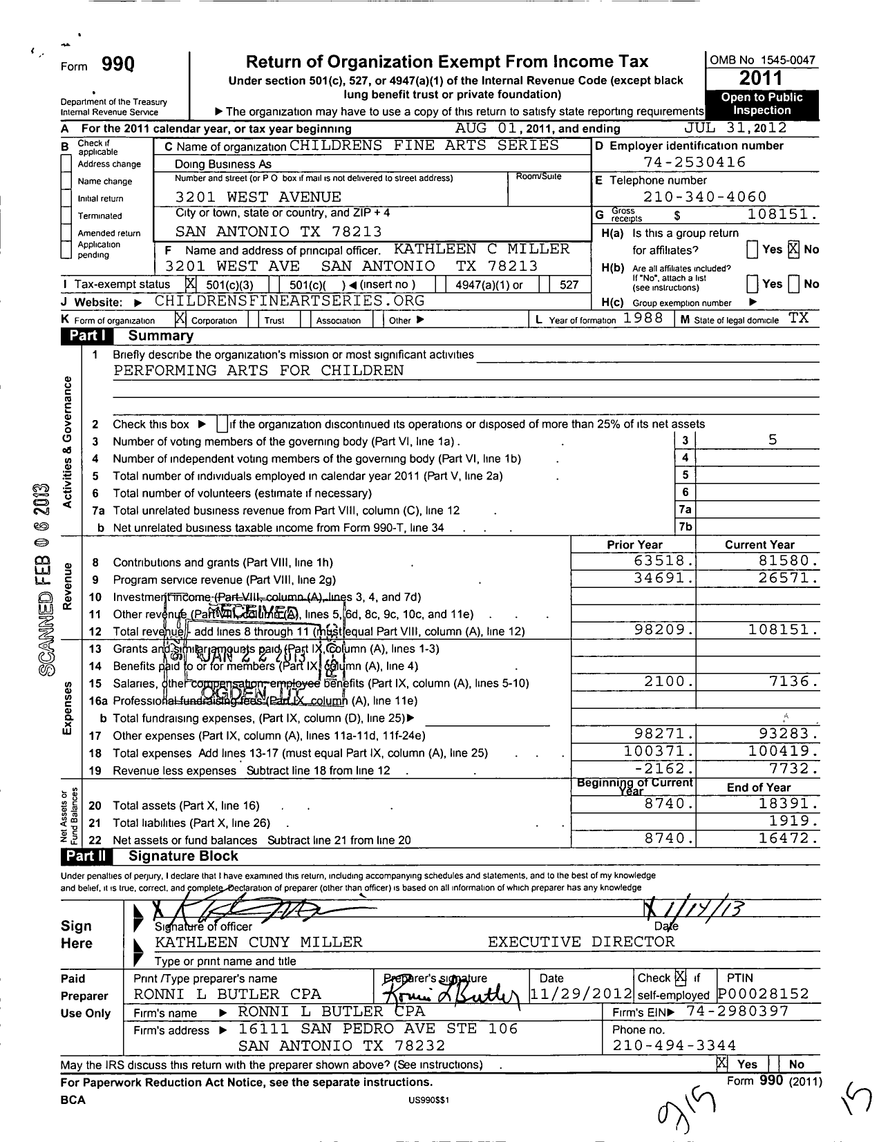 Image of first page of 2011 Form 990 for Childrens Fine Arts Series