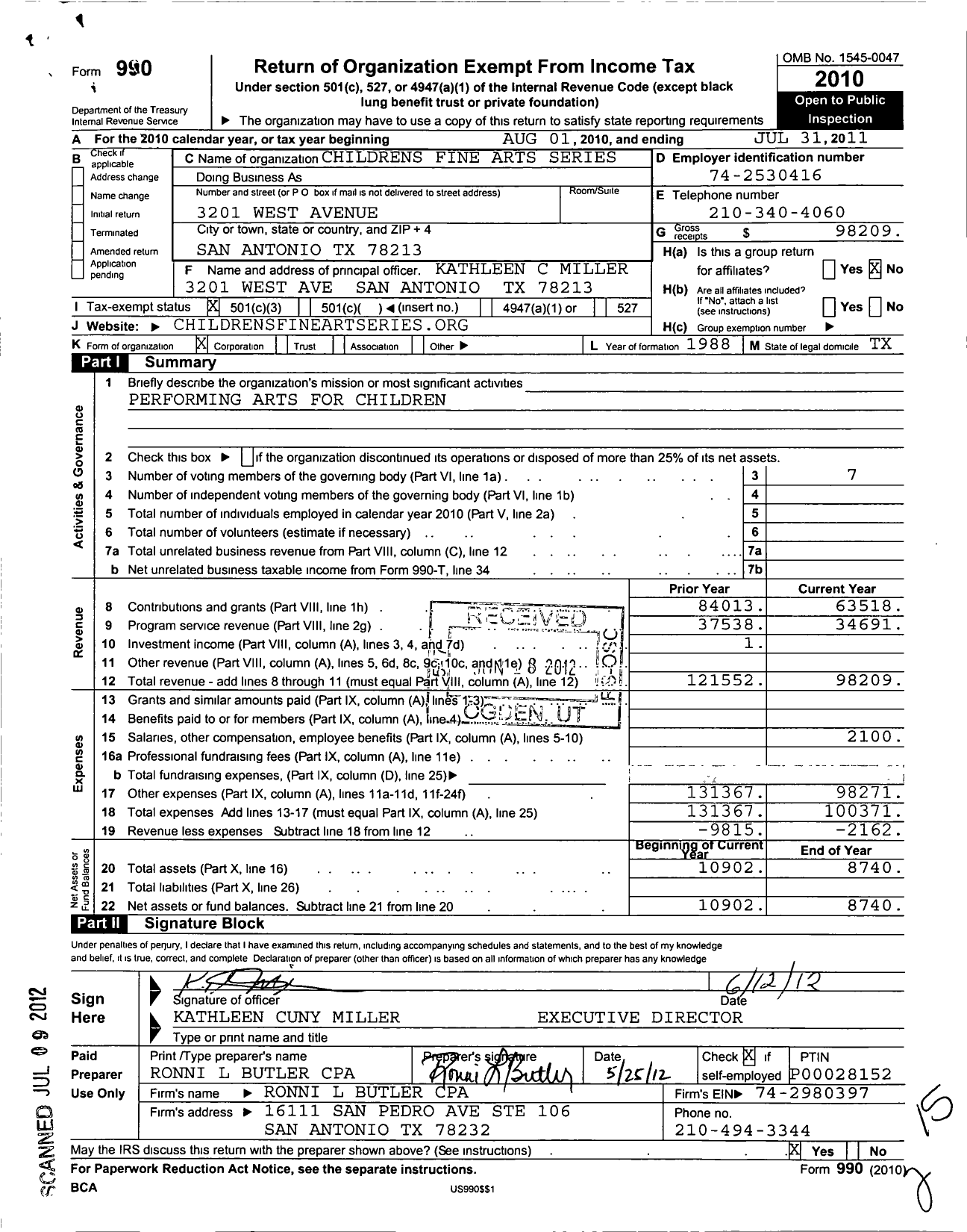 Image of first page of 2010 Form 990 for Childrens Fine Arts Series