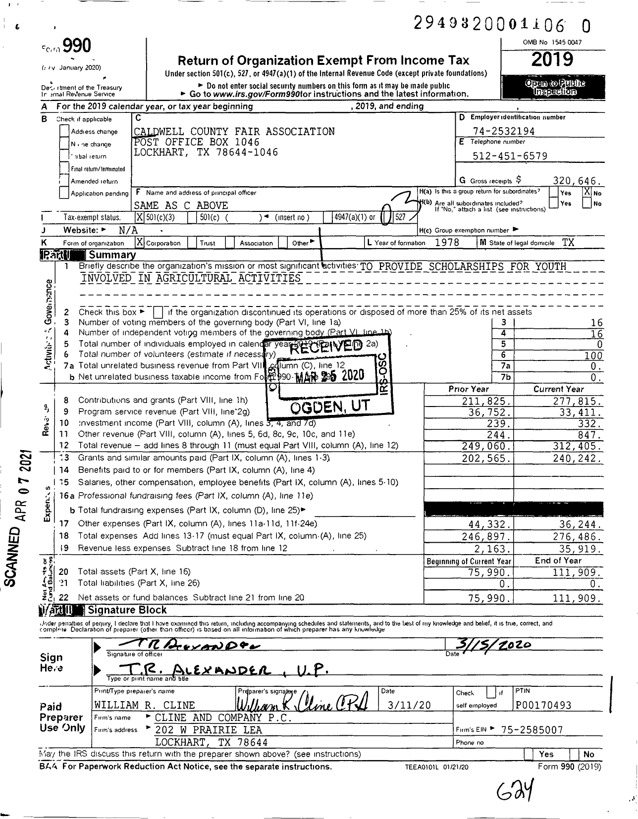 Image of first page of 2019 Form 990 for Caldwell County Fair Association
