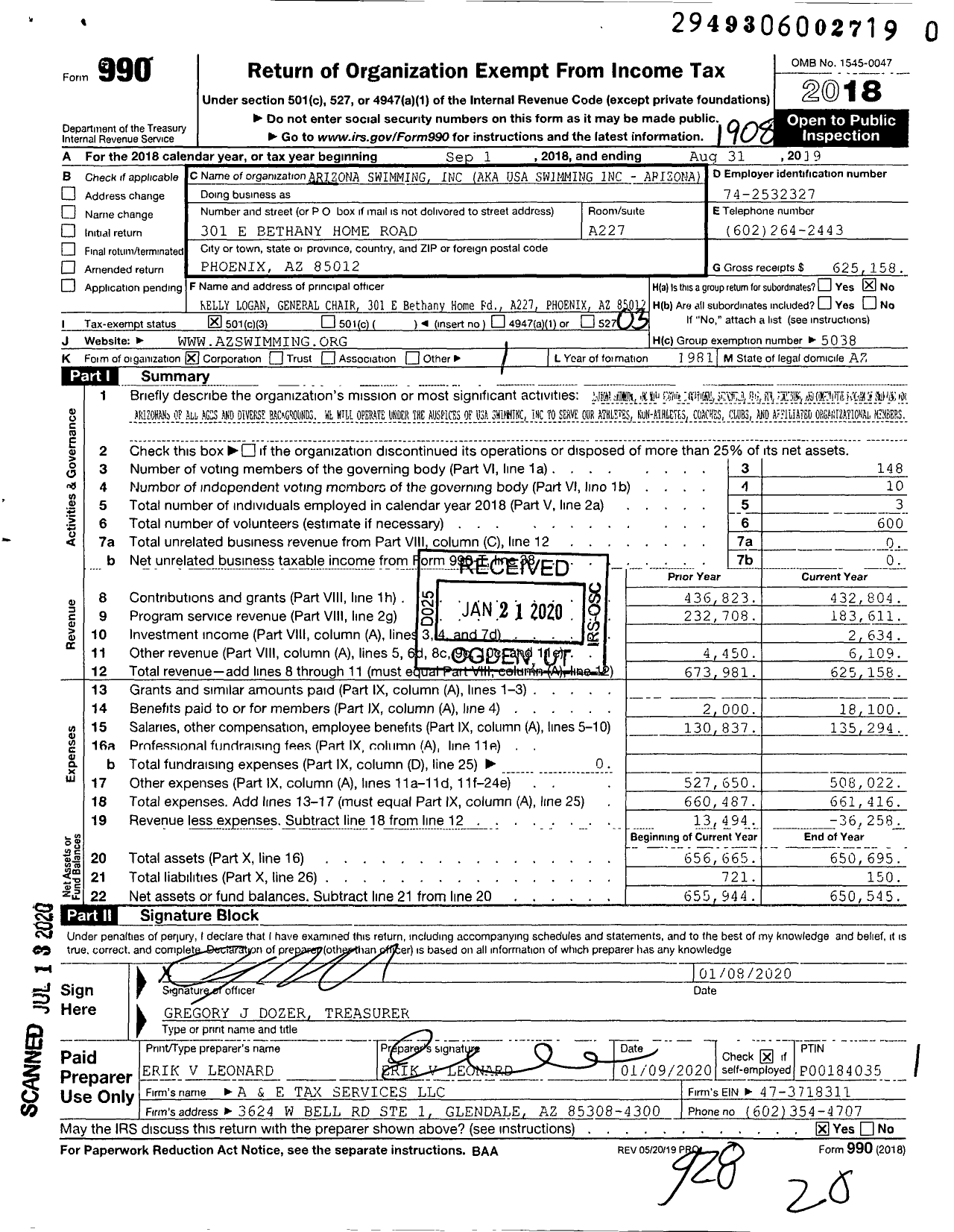 Image of first page of 2018 Form 990 for Arizona Swimming