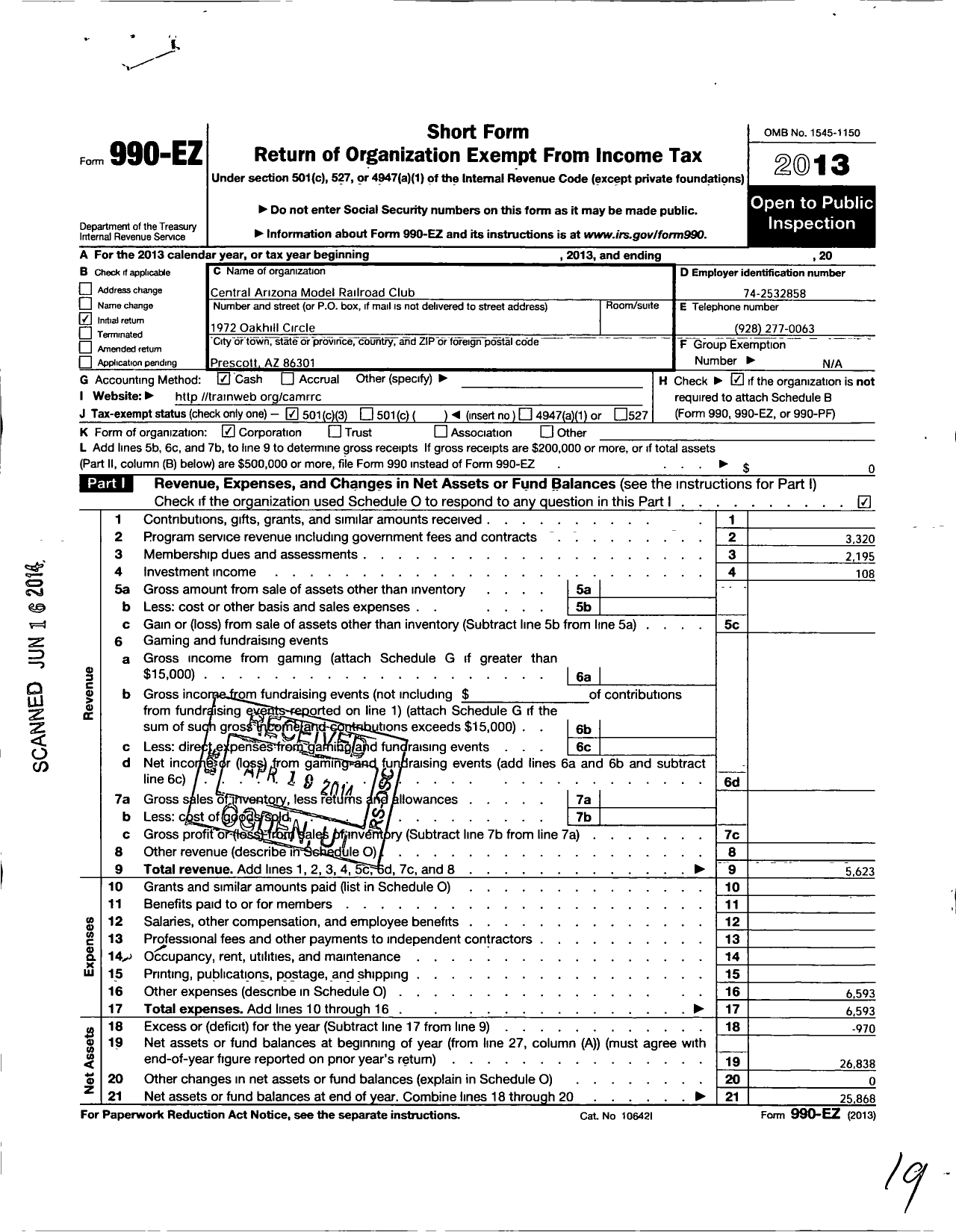 Image of first page of 2013 Form 990EZ for Central Arizona Model Railroad Club