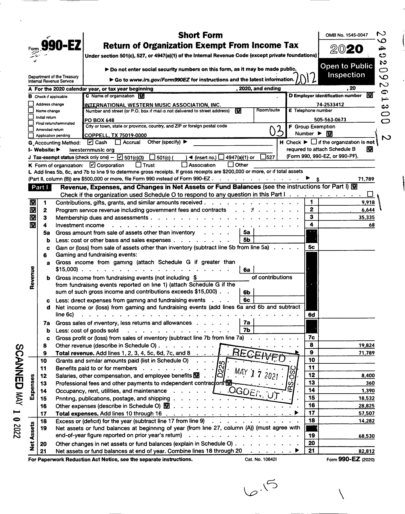 Image of first page of 2020 Form 990EZ for International Western Music Association (WMA)