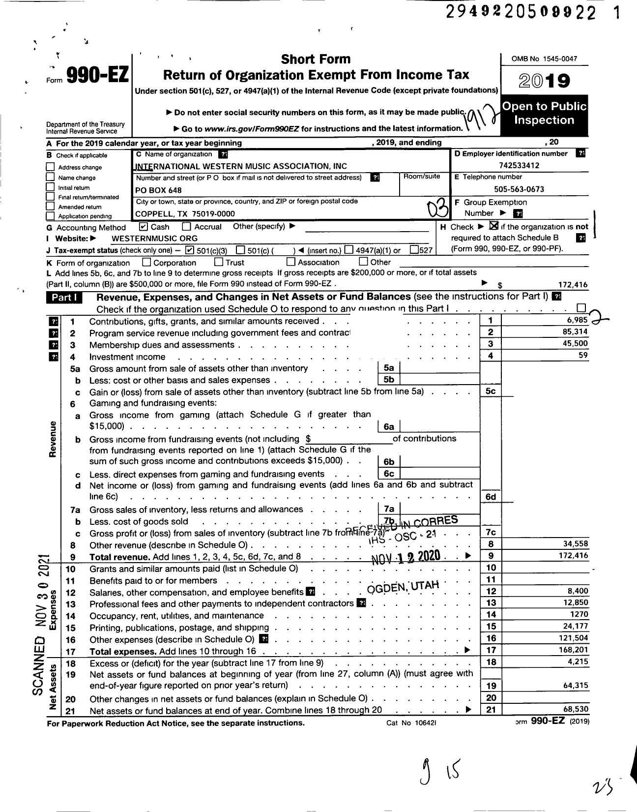 Image of first page of 2019 Form 990EZ for International Western Music Association (WMA)