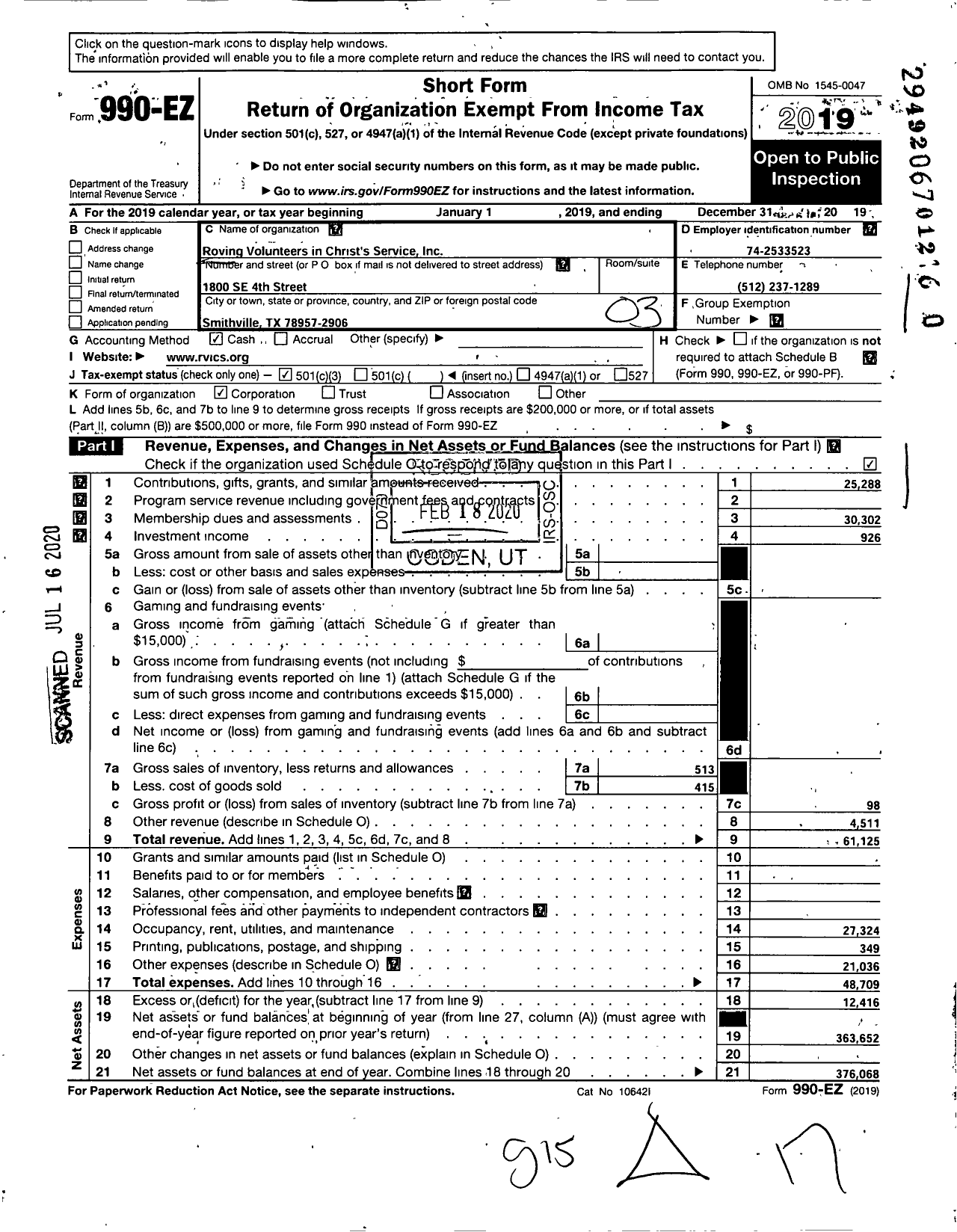 Image of first page of 2019 Form 990EZ for Roving Volunteers in Christ's Service Inc RVICS