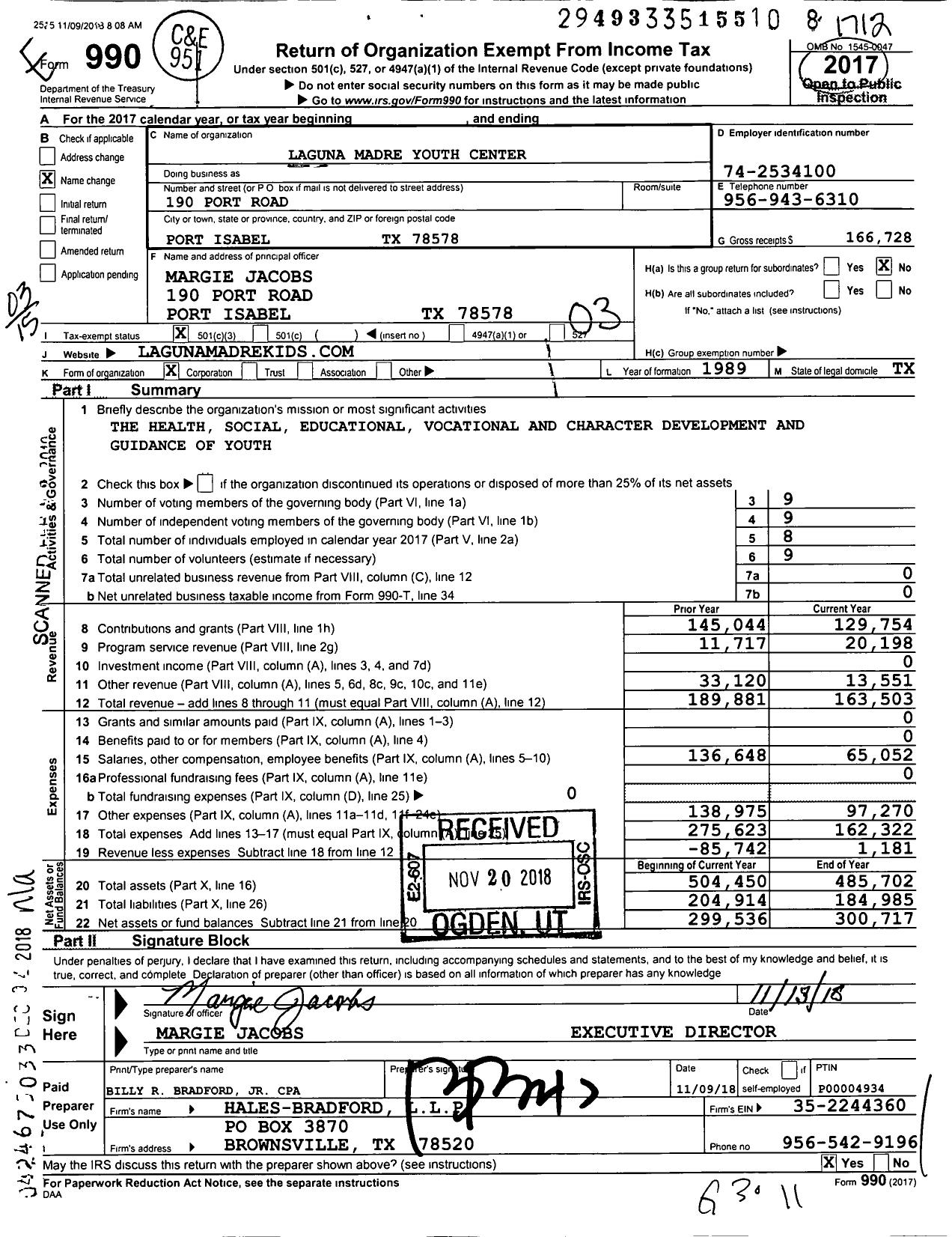 Image of first page of 2017 Form 990 for Laguna Madre Youth Center