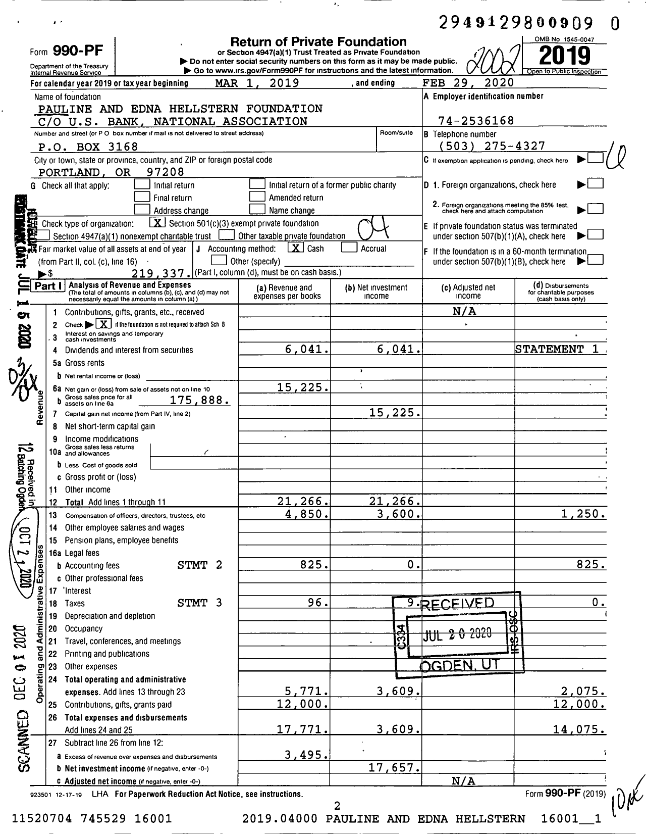 Image of first page of 2019 Form 990PF for Pauline and Edna Hellstern Foundation