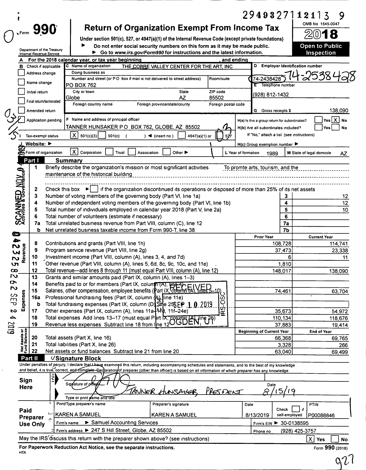 Image of first page of 2018 Form 990 for The Cobre Valley Center for the Arts