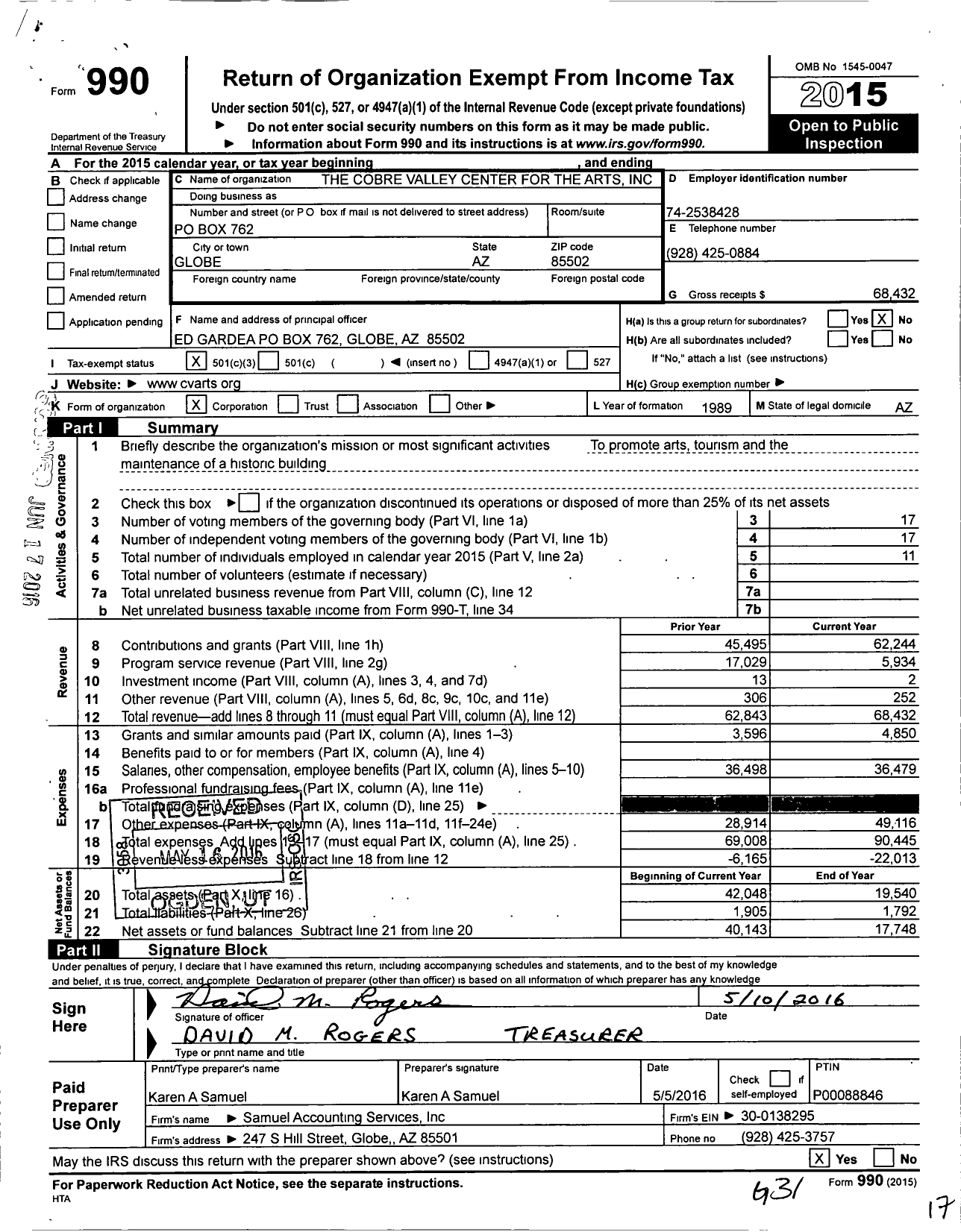 Image of first page of 2015 Form 990 for The Cobre Valley Center for the Arts