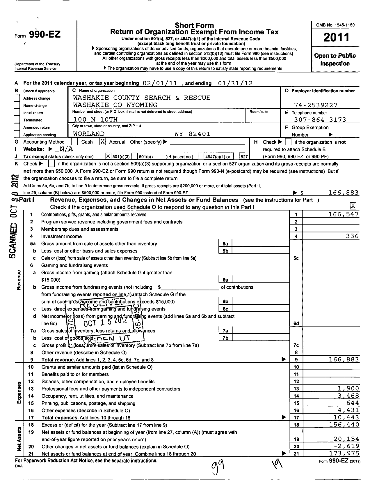 Image of first page of 2011 Form 990EZ for Washakie County Search and Rescue Washakie Wyoming